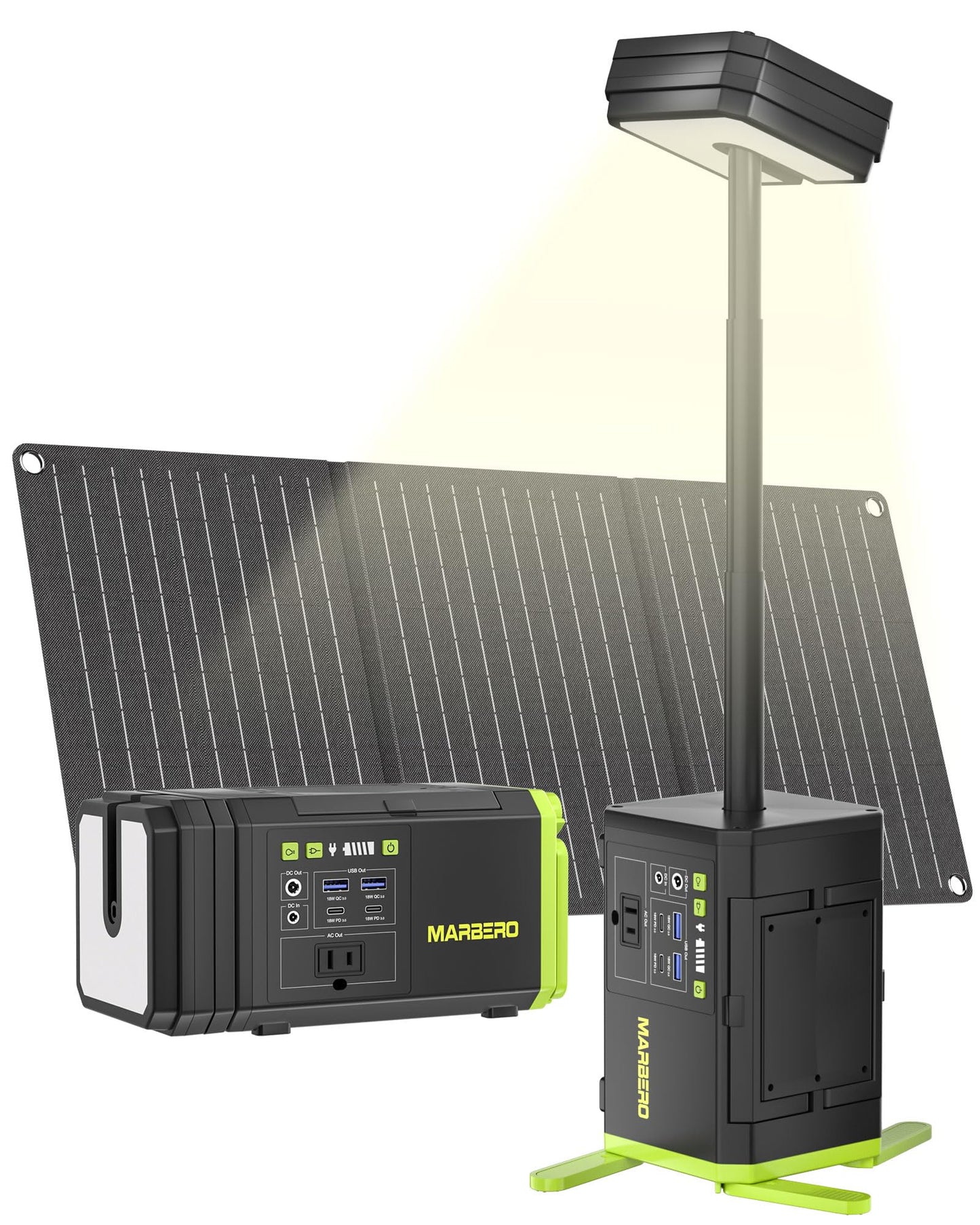 MARBERO 118Wh Solar Generator with Telescopic Camping Lights 32000mAh 160W Max Portable Power Station with Solar Panel Included 30W AC Outlet USB DC Output for Camping Hiking Emergency