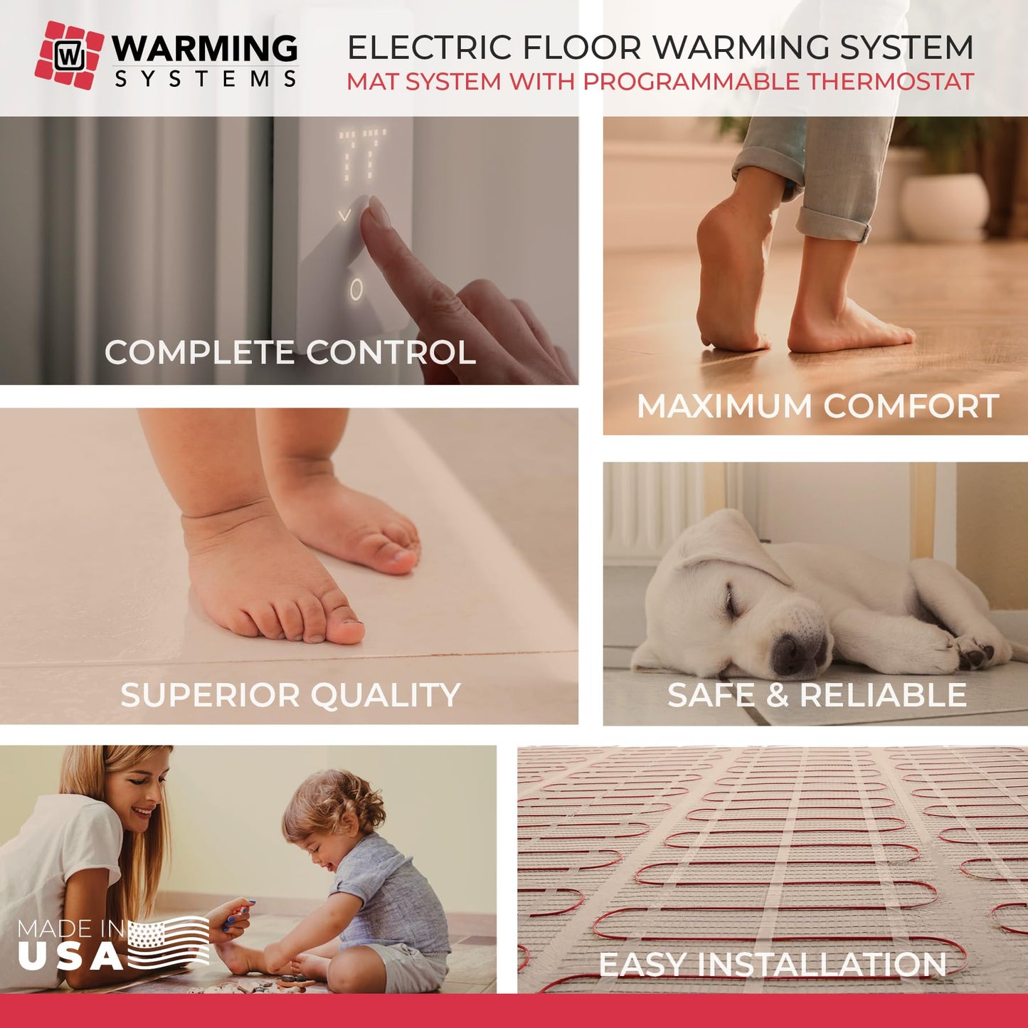 Warming Systems - 40 Sqft 120V Electric Radiant Floor Heating Mat – Includes Heating Mat, Programmable Thermostat, Thermostat Floor Sensor, Installation Monitor and Under Tile Heater