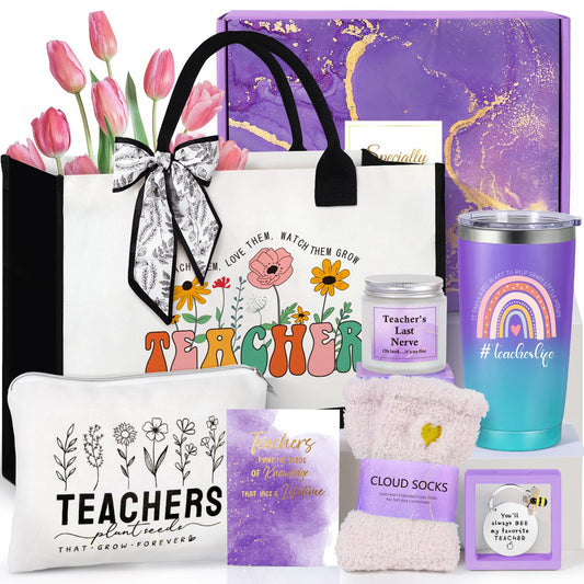Teacher Appreciation Gifts, Best Teacher Tote Bags for Women, Unique Gifts Ideas from Students - Funny Thank You Basket Box Back to School Gifts, Teacher Christmas Gifts Birthday Gifts Purple