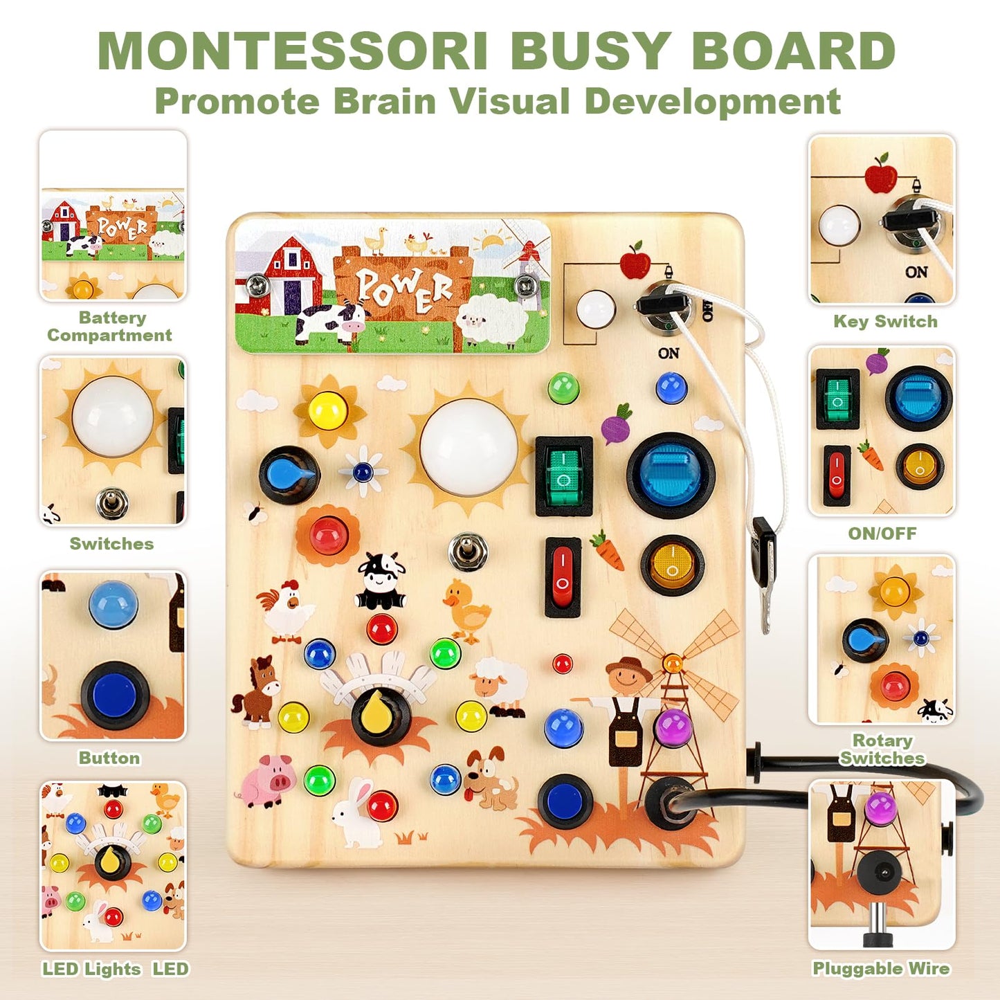 Busy Board for Toddlers 1-3 - Montessori Educational Sensory Toy with 10 Switches & 19 Lights, Activity Board for Fine Motor Skills, Travel Toys for 1+ Year Old Boy & Girl Birthday Gift（Farm Theme）