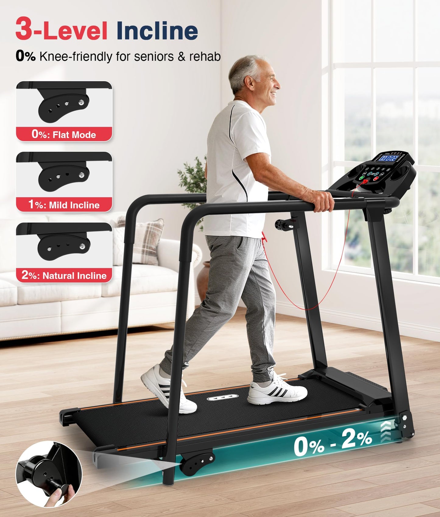 Redliro Treadmill for Seniors with Long handrails - 300 lbs Capacity Walking Treadmill for Seniors with 0%-2% Incline, Foldable, Heart Rate Monitor, Mute Home Recovery Walking Machine for Seniors