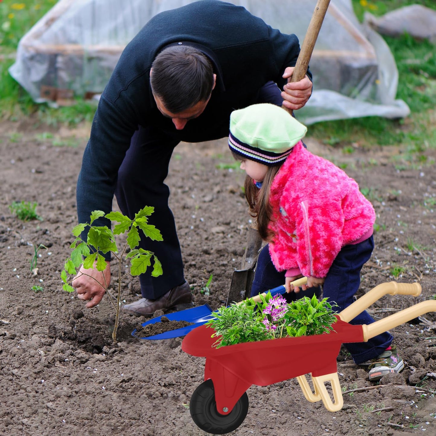 Qtioucp Kids Gardening Tools Outdoor Toys Set Backyard Play with Wheelbarrow Educational STEM Learning Pretend Toys Outdoor Indoor for Toddlers Kids Boys Girls (Red Wheelbarrow Set)