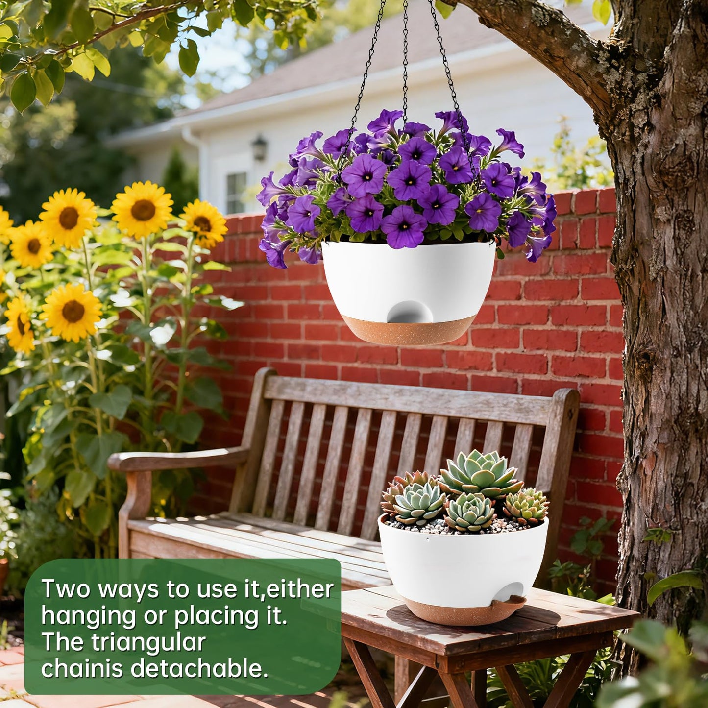 WUCEIAUU 13-inch Oversized Hanging Planter Set of Two,Planters for Indoor and Outdoor Plants.Place Plant pots Across Diverse Settings Including windowsills,Living Room,and Gardens.White-Brown