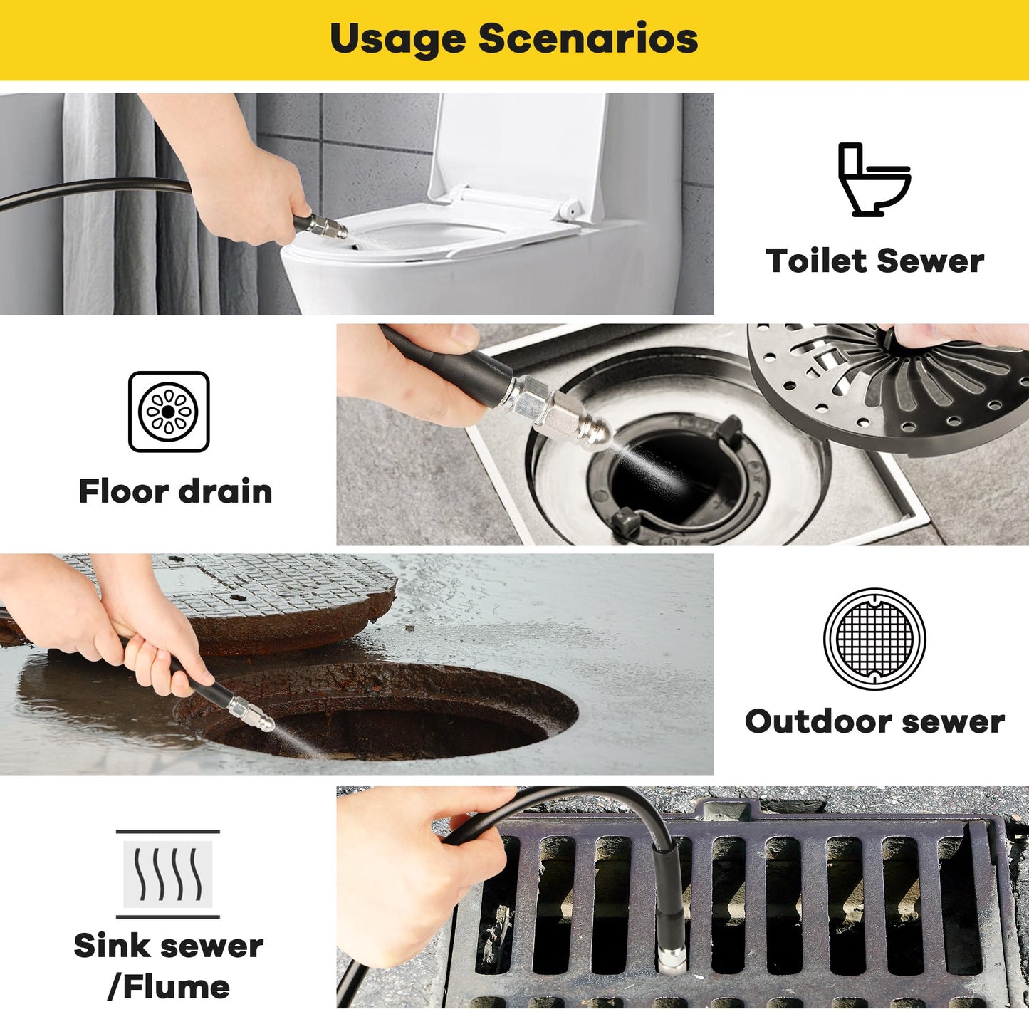 Pressure Washer Drain Jetter – Sewer Jetter Kit for Pressure Washer 100ft 1/4 Inch NPT Hose Nozzles and Adapter 5800PSI Clears Clogs in Pipes & Sewer Lines