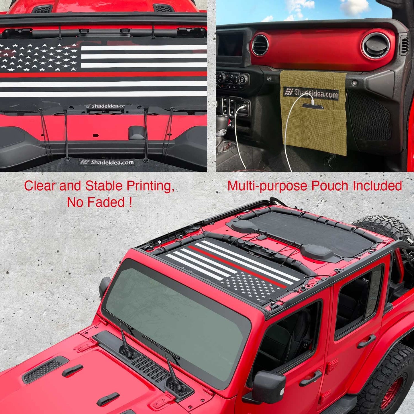 Shadeidea JL Top Sunshade Compatible with Jeep Wrangler JLU Sun Shade Top 4 Door Roof Mesh Screen Cover 2018-2023, Wind Noise UV Blocker -10 Year Warranty -Thin Red Line Flag -Front+Rear (2 pcs)