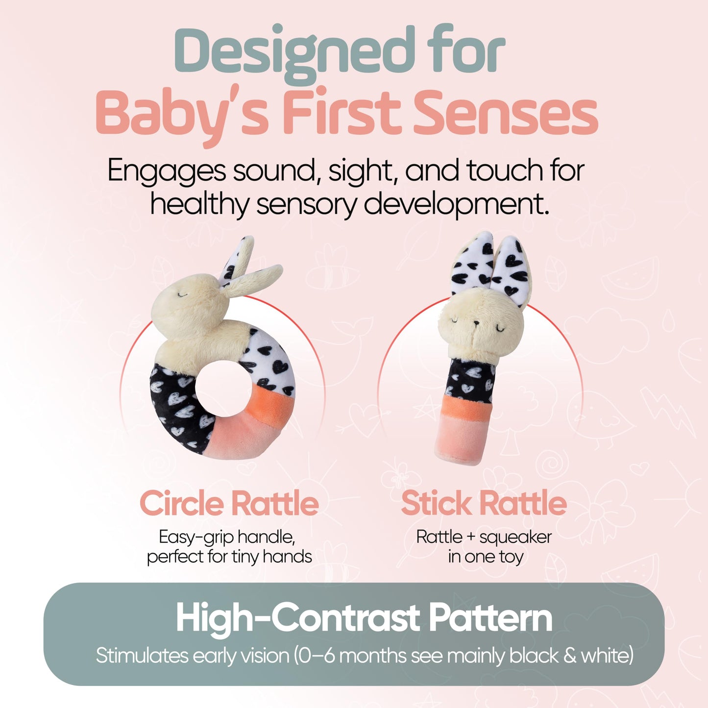 Bella Bunny Baby Rattle Toys - Rattles for Babies 0-6 Months High Contrast Baby Toys for Newborn Gifts - Ultra-Soft Sensory Toy Stick and Circle Baby Rattles 0-6 Months (2-Pack)