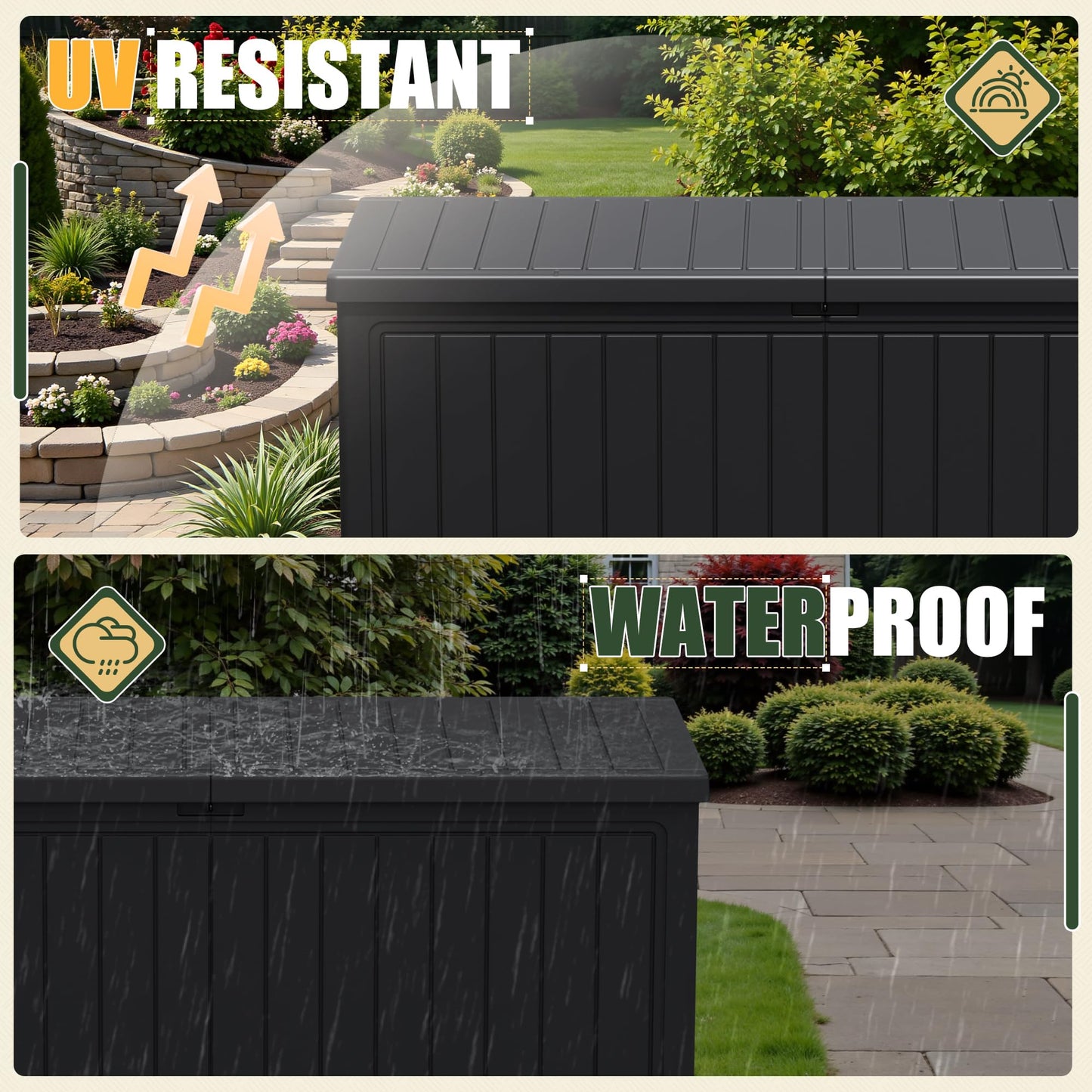 JUMMICO 270 Gallon Outdoor Storage Deck Box with Divider, Double Wall Storage Box with Lockable Lid for Garden Tools, Pools Supplies (Black)