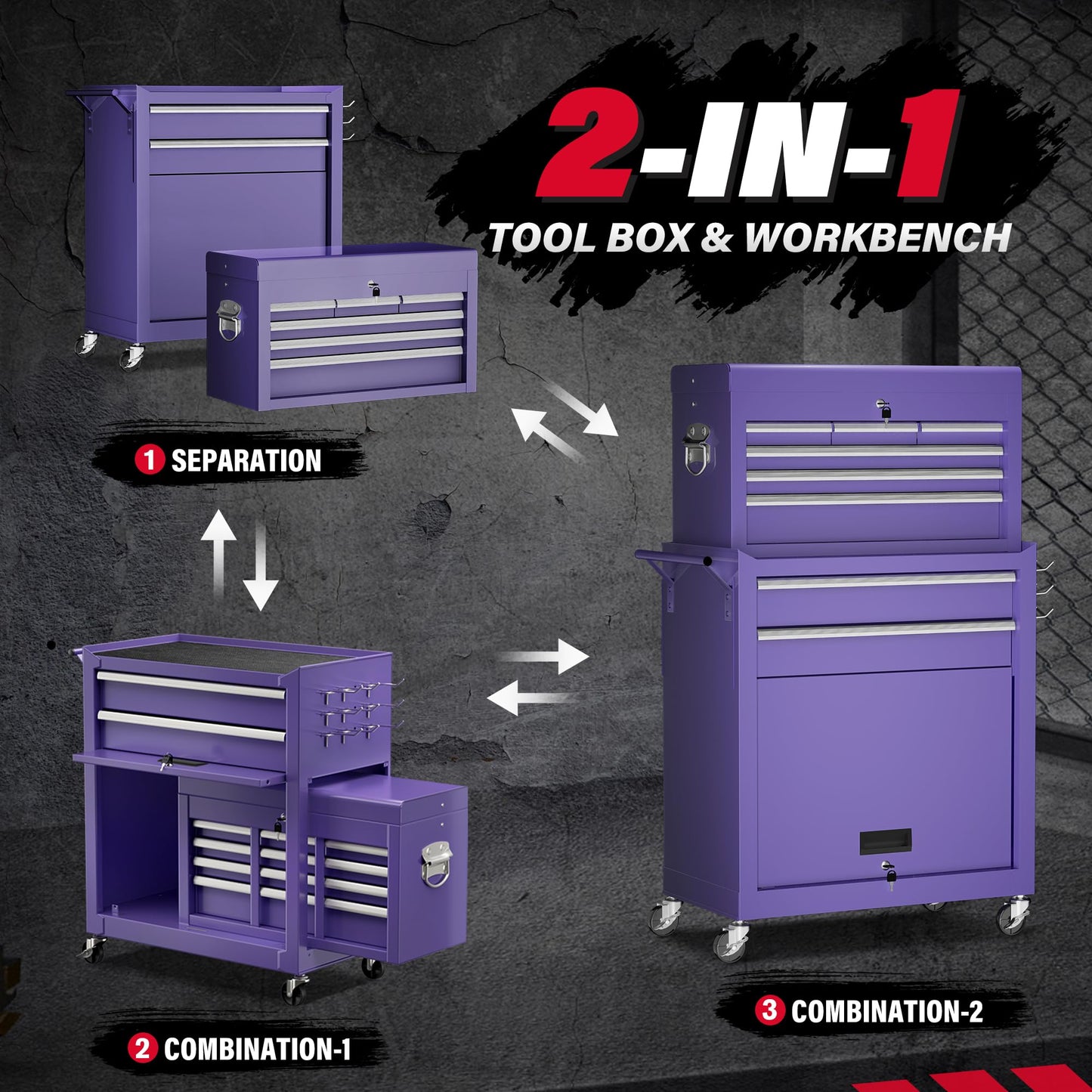Greenvelly Metal Tool Chest,8-Drawer Rolling Tool Chest with Wheels,Tool Cabinet with Wheels,2 in 1 Detachable Tool Cabinet,Liners and Locking System for Warehouse, Garage,Workshop(Purple)