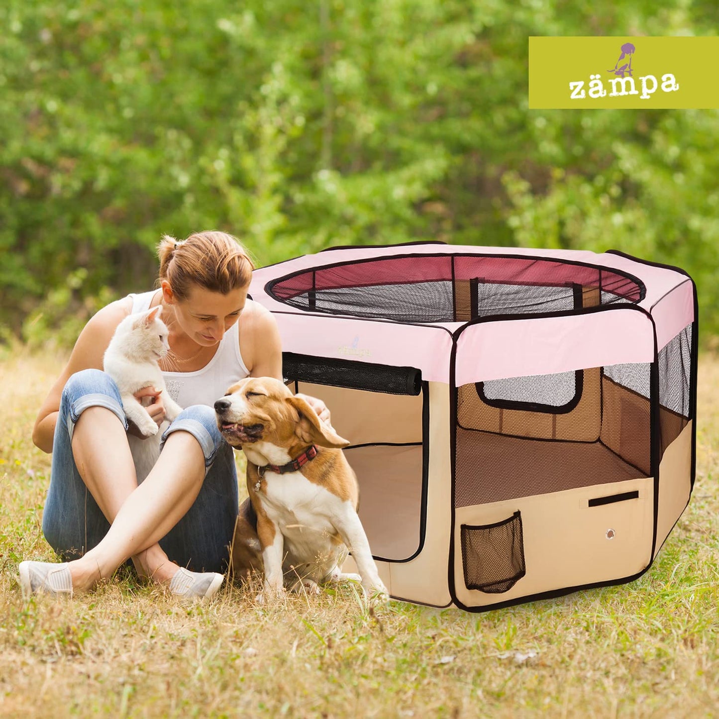 Zampa Puppy Pop Up Portable Playpen for Dog and Cat, Foldable | Indoor/Outdoor Kitten Pen & Travel Pet Carrier + Carrying Case (Pink, Extra Large (80"x80"x36"))
