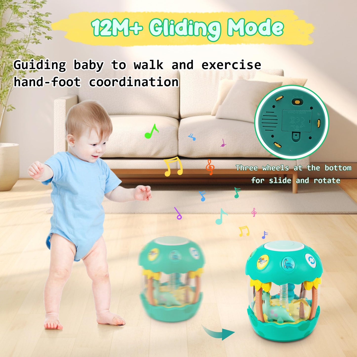 M SANMERSEN Baby Boy Toys 6-12 Months, Dinosaur Rotating Light Up Musical Baby Toys for 0-6 12-18 Months Newborn Infant Crawling Tummy Time Toys, Birthday Easter Gifts for Baby Boys- Green