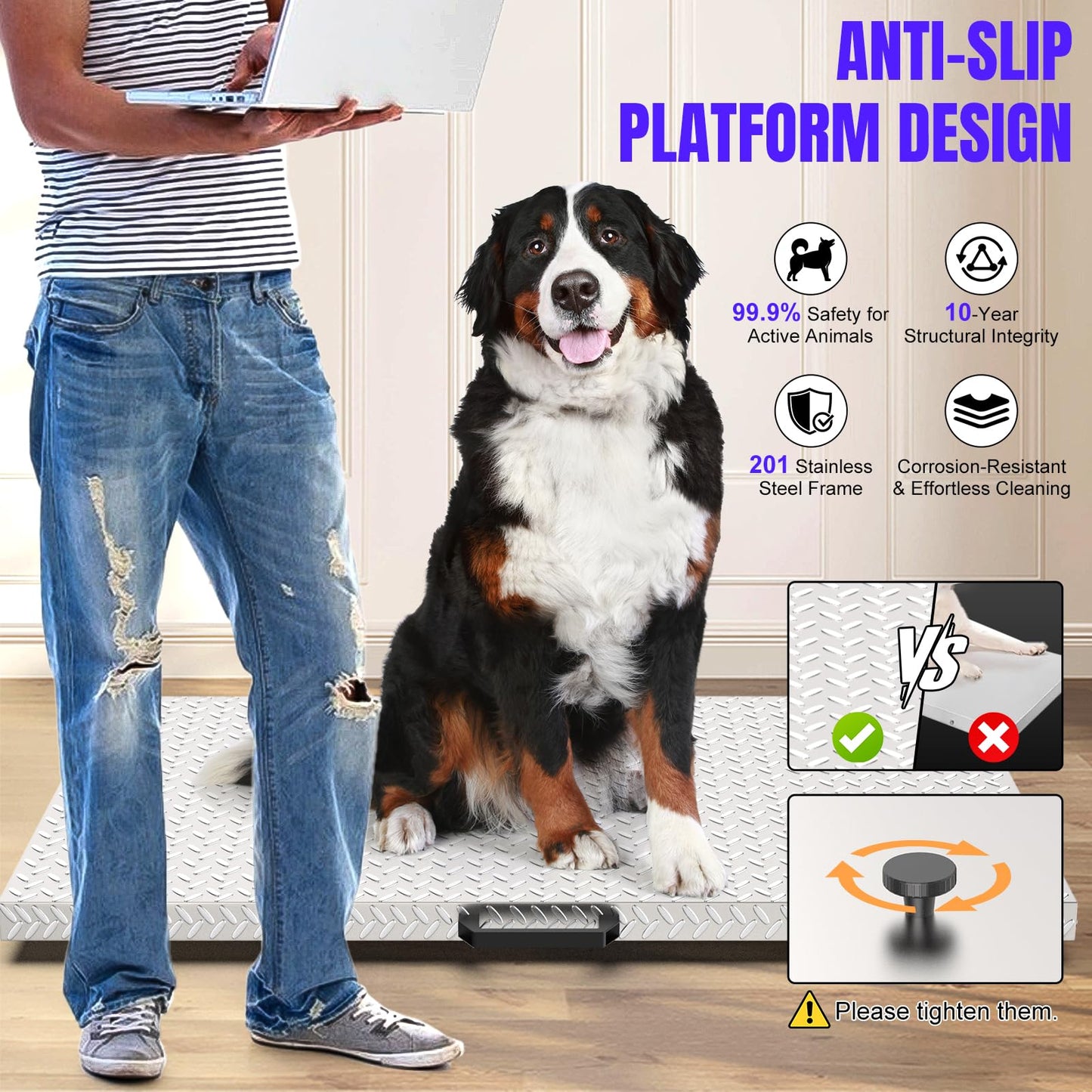 VEMOKO Precision Large Dog Scale - 1100lb x 0.2lb Large Breed Animal Livestock Weight Scale, Pet Scale Non-Slip Stainless Steel Platform for Dogs (Non-Slip Platform)
