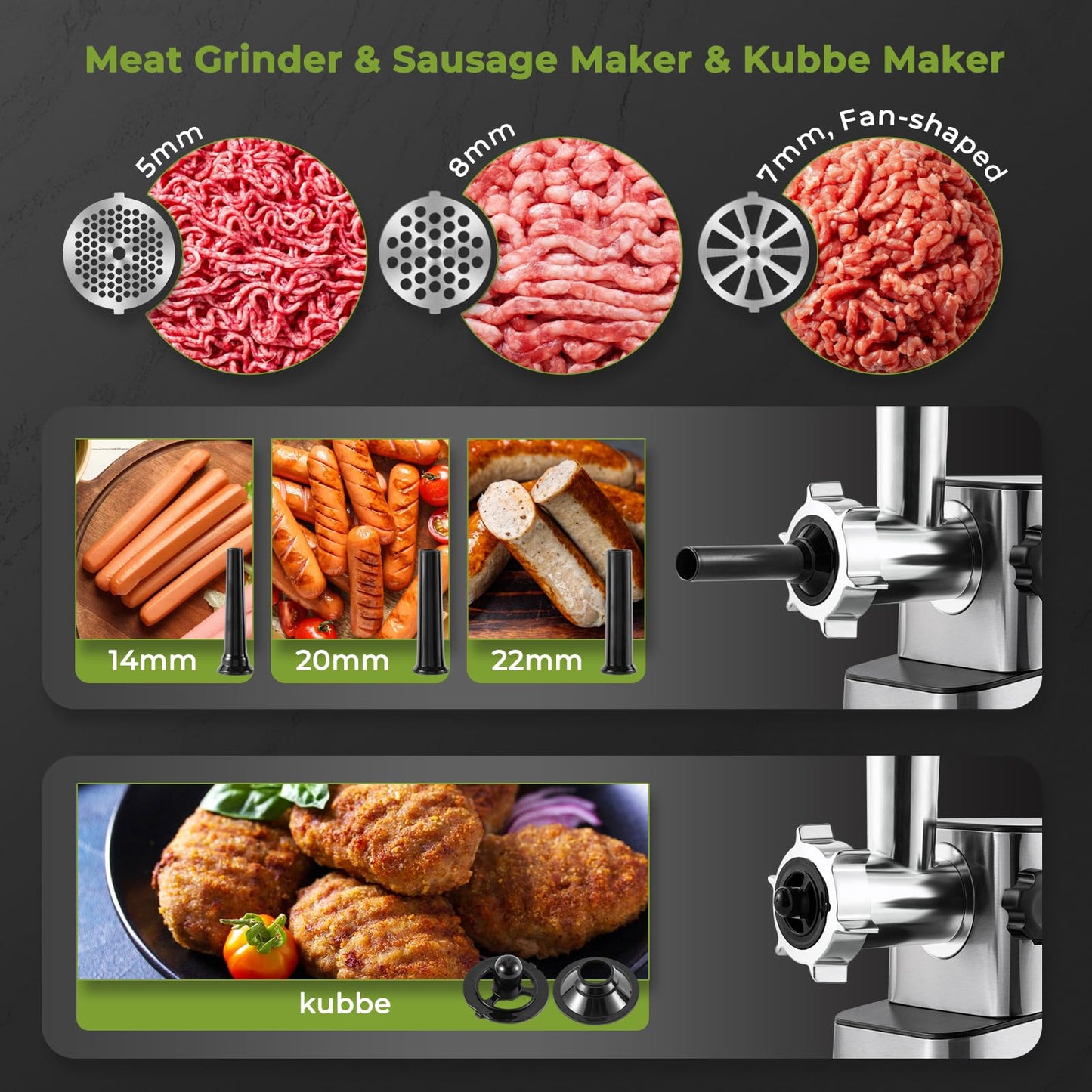 Flyseago Meat Grinder Electric 3200w High Capacity Storage Commercial Heavy Duty Meat Grinder, Veggie Slicer, Ice Cutter, Cheese Grater, Sausage Stuffers, Kubbe Kit for Home Use & Commercial