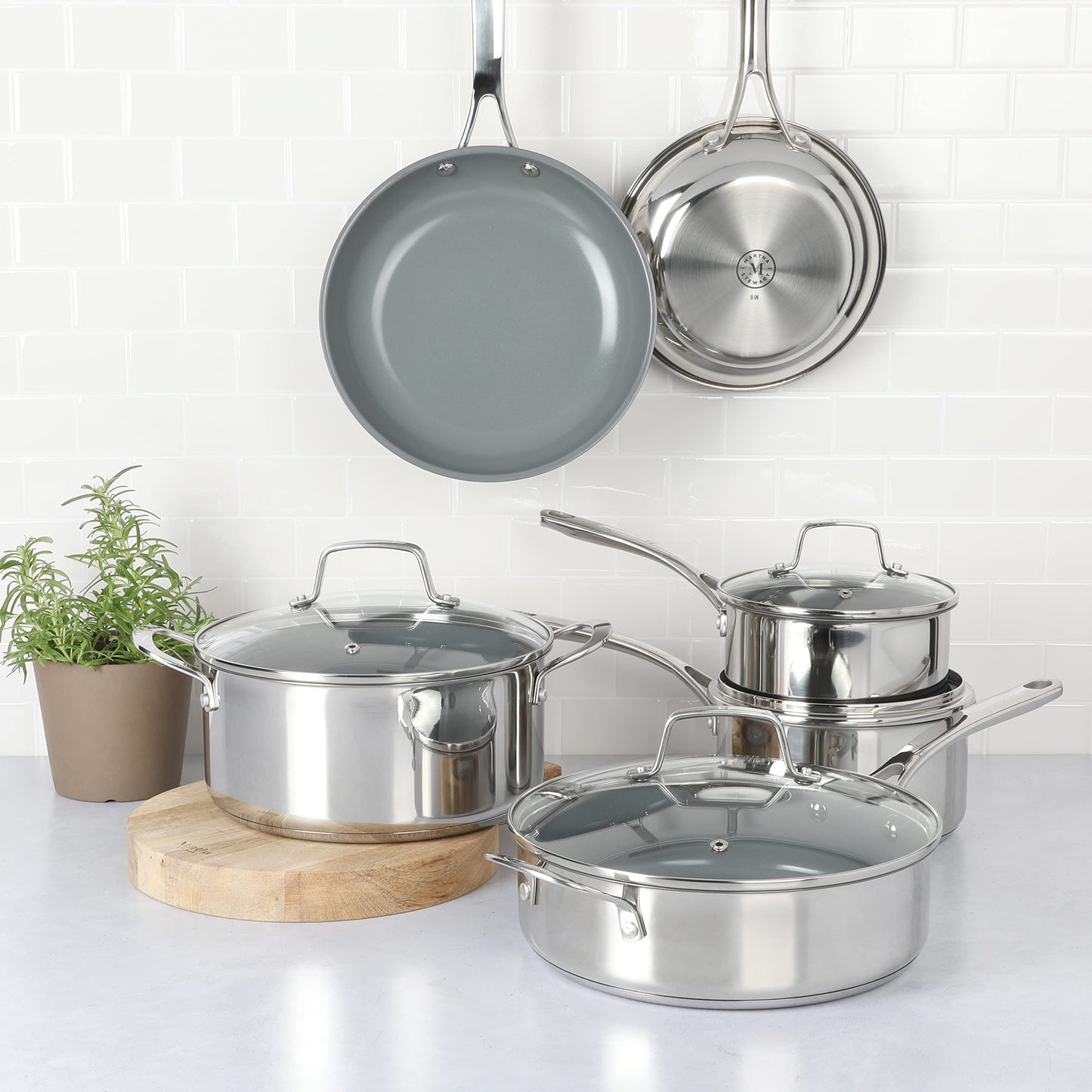 Martha Stewart Delaroux 10 Piece Stainless Steel Pots and Pans Kitchen Cookware Set w/PFAs Free Premium Nonstick Ceramic Interior