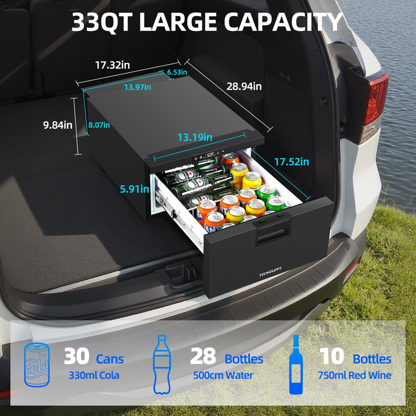 12 Volt Drawer Refrigerator 33QT（32L）12V RV Fridge Freezer,(-4℉-68℉) Portable Refrigerator,Car Cooler for Travel Car Fridge Freezer, Travel Camping Road Trips Tailgating, Truck Van SUV 12/24V DC