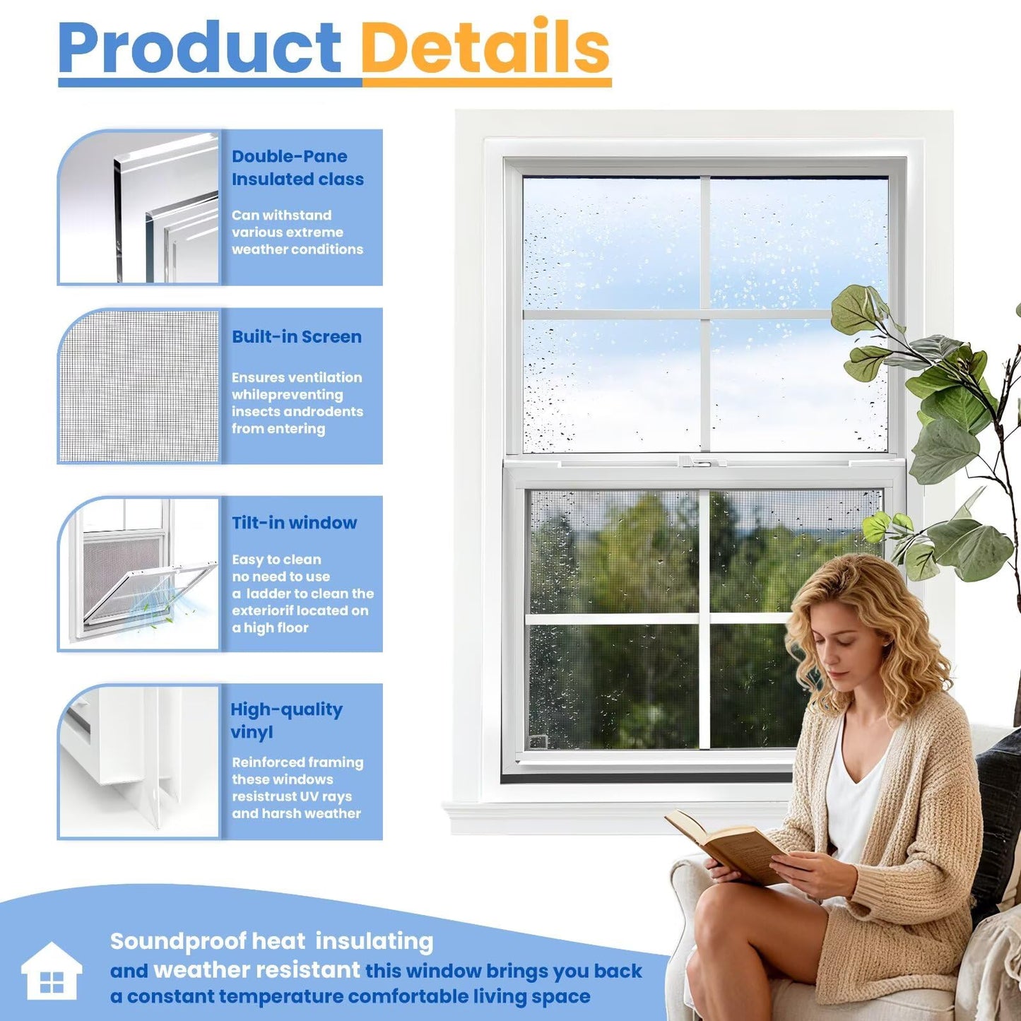 COLORPAPA Vinyl Single Hung Window, 36" x 36" Household Sliding Window with Double-Pane Insulated Tempered Glass, Lower Tilt Sash Screen Included Window for House, Mobile Home (White)