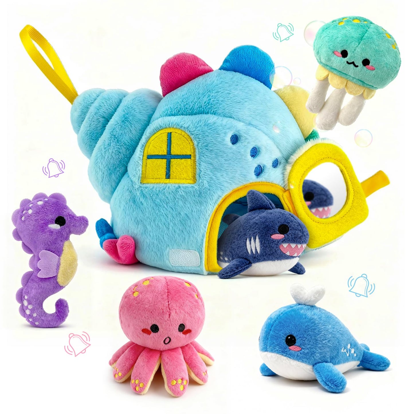 pamexin Baby Toys 6-12 Months, Ocean Stuffed Animals Set with 1 Conch House and 5 Sea Creatures, Rattle, Lanyard, Mirror, Montessori Toys for 6+ Month Old, Gifts for Babies Grandkids