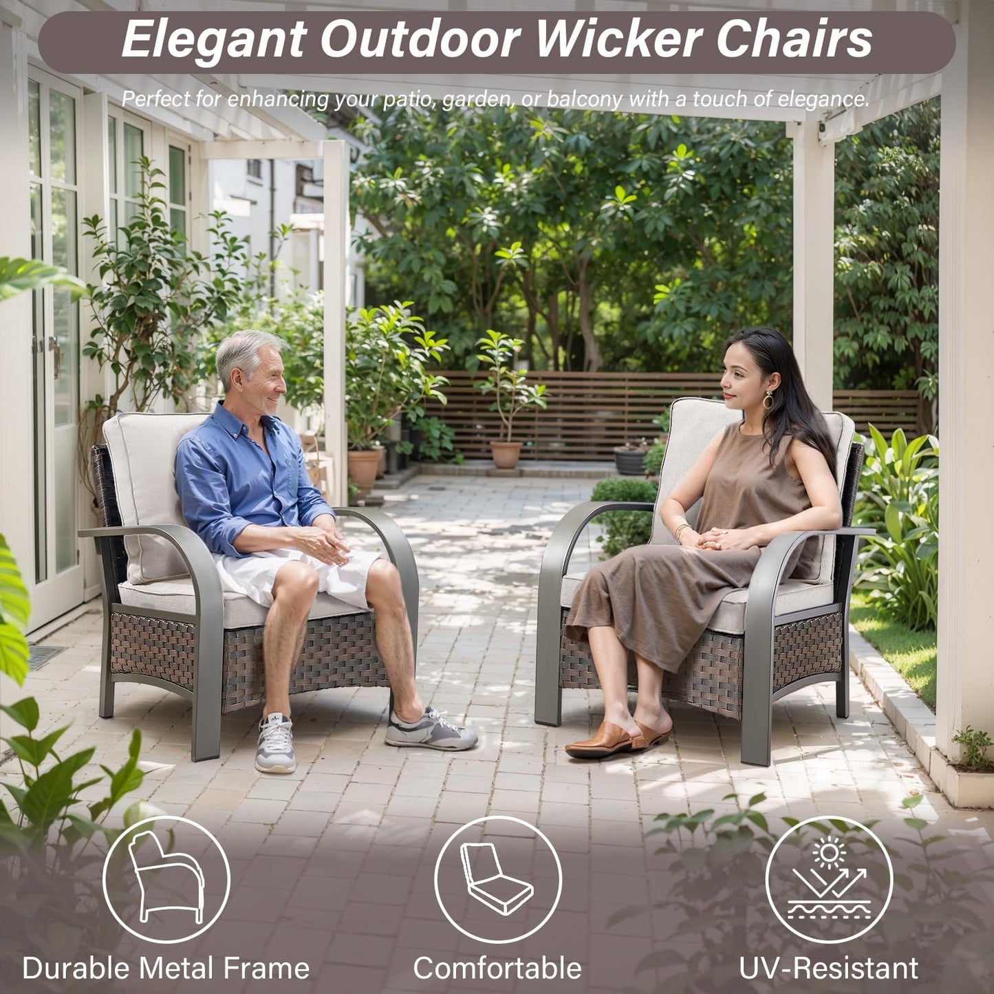 Belord 5 Piece Outdoor Wicker Furniture Set, High Back Deep Seating Patio Sofa Set with Metal Armrests Rattan Chairs, and Ottomans for Porch Deck Sunroom Backyard