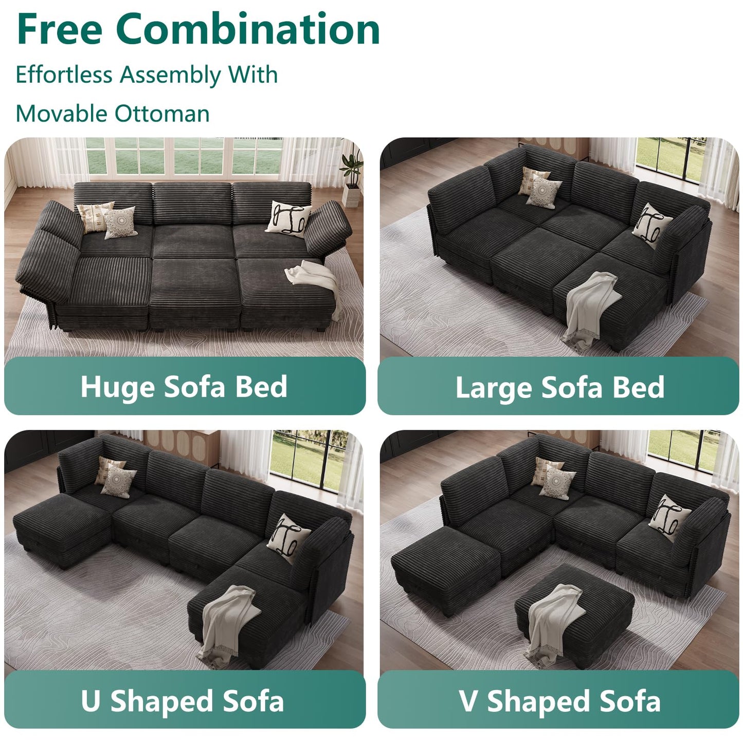 OhaiAura Modular Sectional Sofa with Adjustable Backrest, Convertible L/U-Shaped Sleeper Couch for Living Room, Cloud Sofa Bed Modern Reversible Design, Black