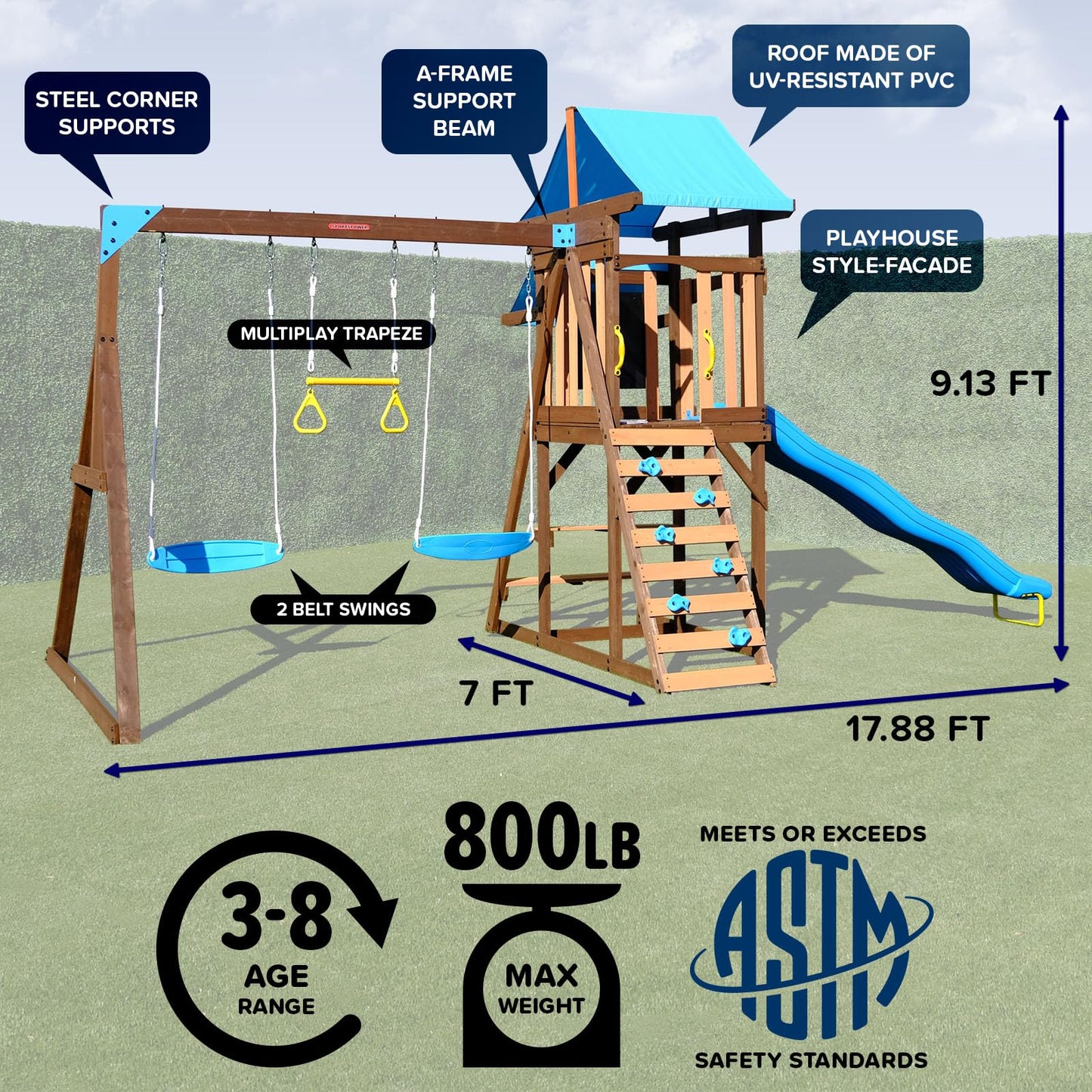 Sportspower Rosemont Wooden Swing Set with 8' Slide, 2 Adjustable Swings, Trapeze, Play Fort with Rock Climber, Sandbox, Picnic Table, Chalk Tarp & Anchor Kit, Outdoor Playset for Kids Ages 3–8