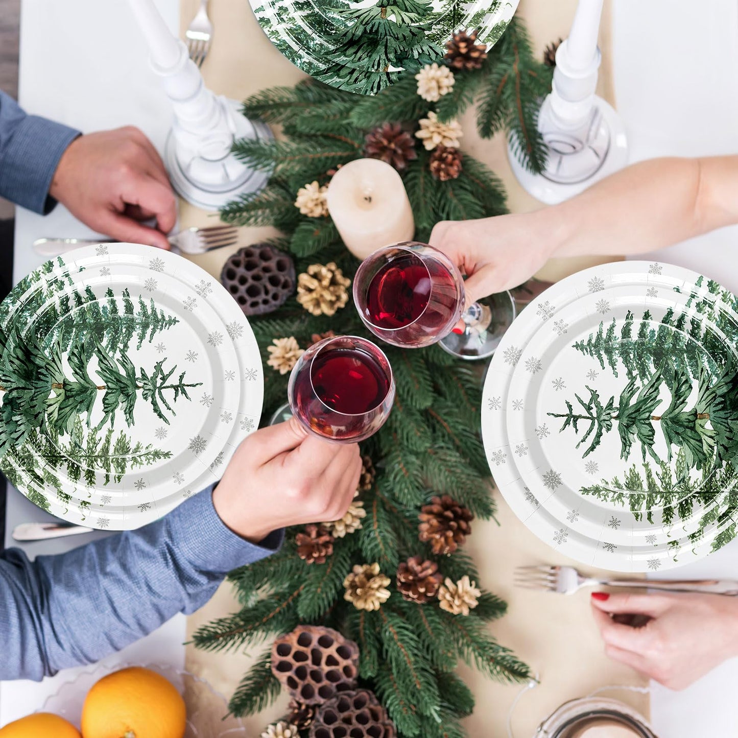 JarThenaAMCS 175Pcs Christmas Tree Party Supplies Kit Green Cedar Tableware Set Xmas Winter Disposable Dinnerware Paper Napkin Plate Cup Plastic Fork Knives Spoon for 25 Guests Party Favor