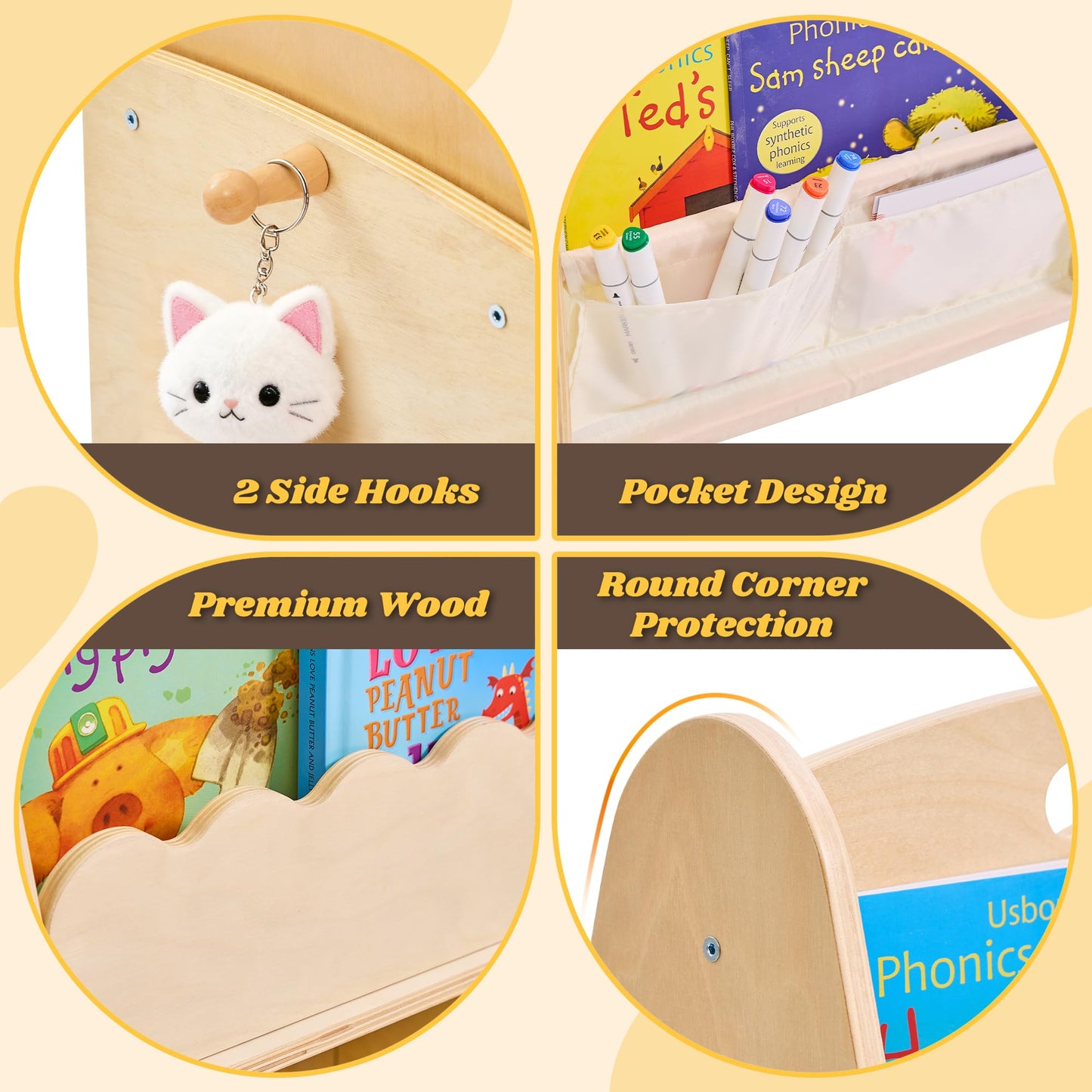 JooKiddie Kids Bookshelf and Toy Storage, 5-Tier Sling Toddler Bookshelf, 3Pcs Modular Wooden Book and Toy Storage Organizer, Children Bookcase for Kids Room Playroom Nursery