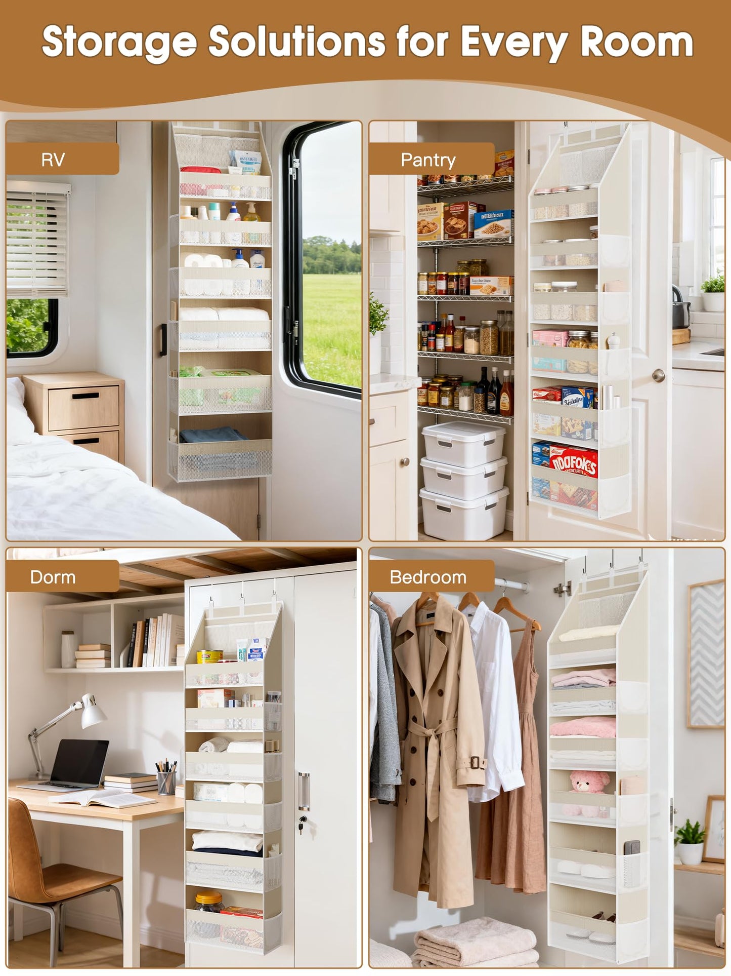Criusia Over the Door Organizer, 6-Shelf Closet Hanging Storage with 13 Mesh Pockets, 55lbs Capacity Behind the Door Storage for Baby Nursery, Bathroom, Bedroom, and Dorm, Beige