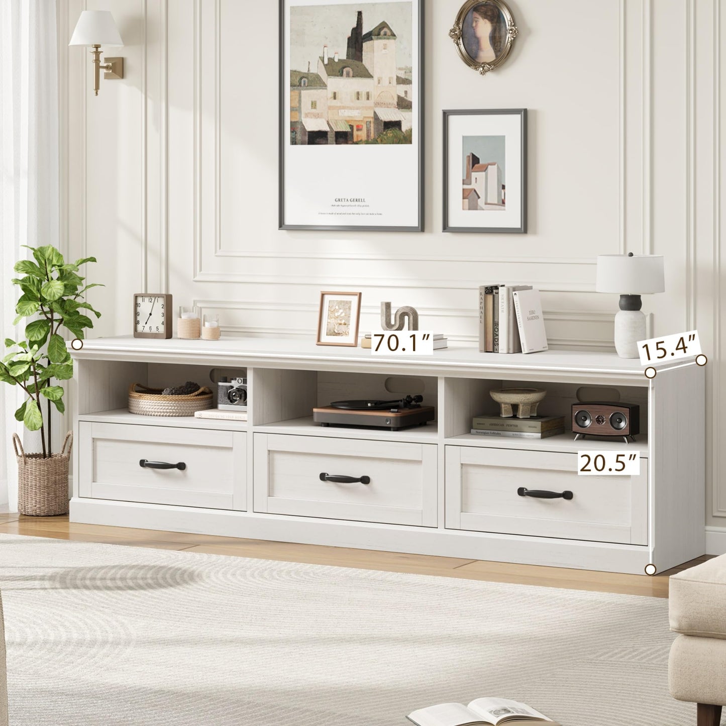 IDEALHOUSE 70in TV Stand for TVs up to 80", Mid Century Modern Entertainment Center with Storage Drawer and Open Shelves, TV Console Media Cabinet for Living Room, Bedroom, Antique White