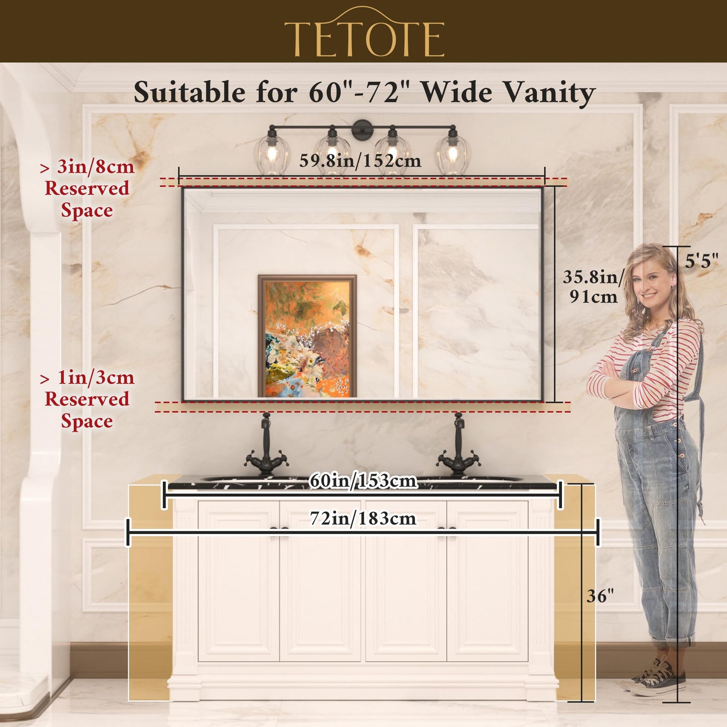 TETOTE 60 x 36 Inch Brushed Nickel Bathroom Mirror Beveled Frame Vanity Mirror, Tempered Glass, Shatterproof, for Modern Bedroom, Entryway, Living Room