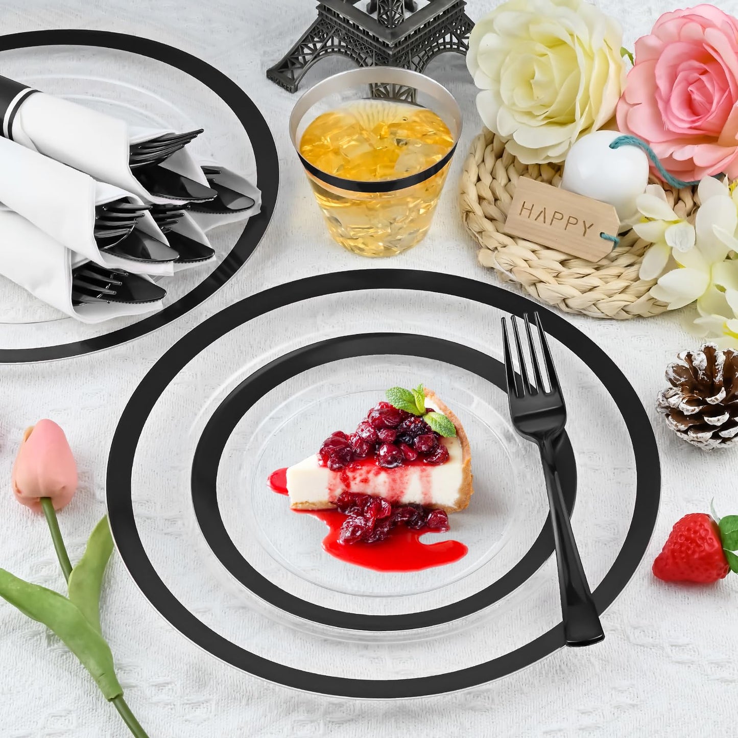 210 Pcs Black Plastic Dinnerware Set for 30 Guests - Includes 30set of Dinner Plates, Dessert Plates, Clear Plastic Cups, and Black Pre-Rolled Napkins with Cutlery Set, Disposable Party Supplies