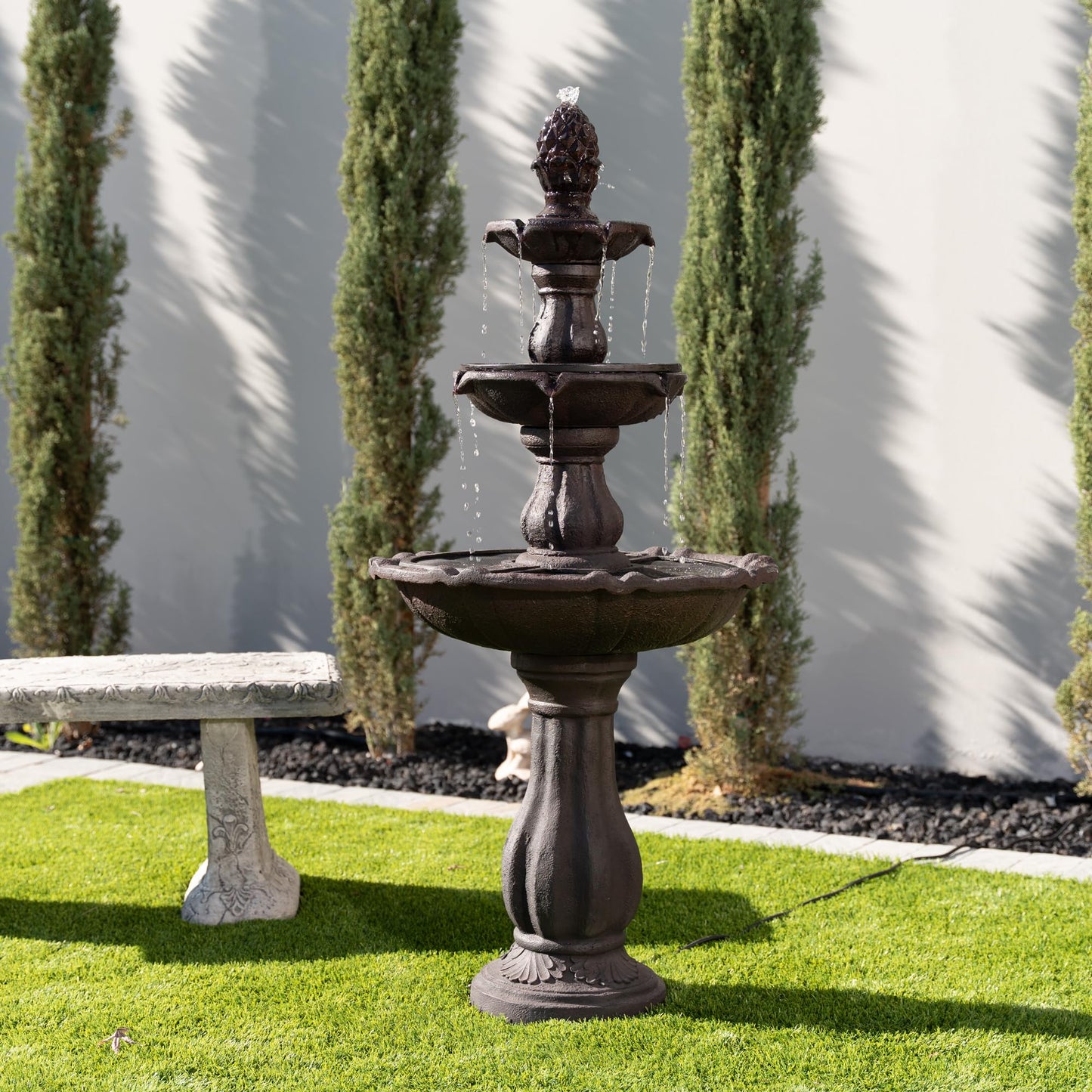 XBrand 51" 3-Tier Outdoor Waterfall Fountain, Resin Freestanding Water Feature with Auto Shut-Off Pump, Brown