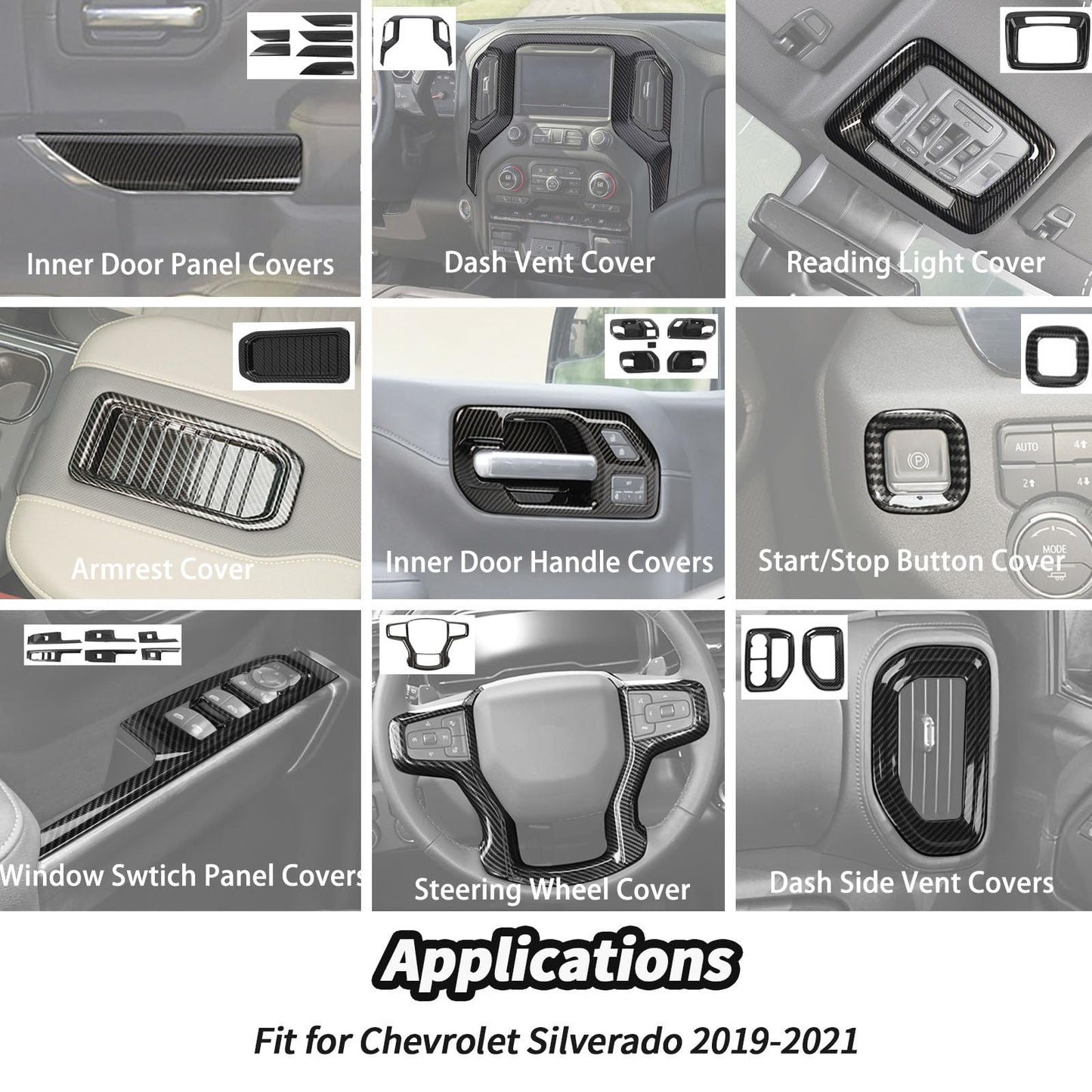 JeCar 24pcs Carbon Fiber Interior Trim Kit for 2019-2021 Chevrolet Silverado Interior Accessories