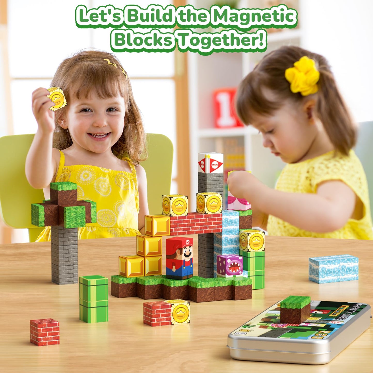 MEIQ Mini Magnetic Blocks STEM Toys for Kids Ages 3-8, 35PCS Travel Building Set with Magnetic Storage Tin Box, Educational Construction Toys for Toddlers, Preschool Birthday Gift for Boys & Girls