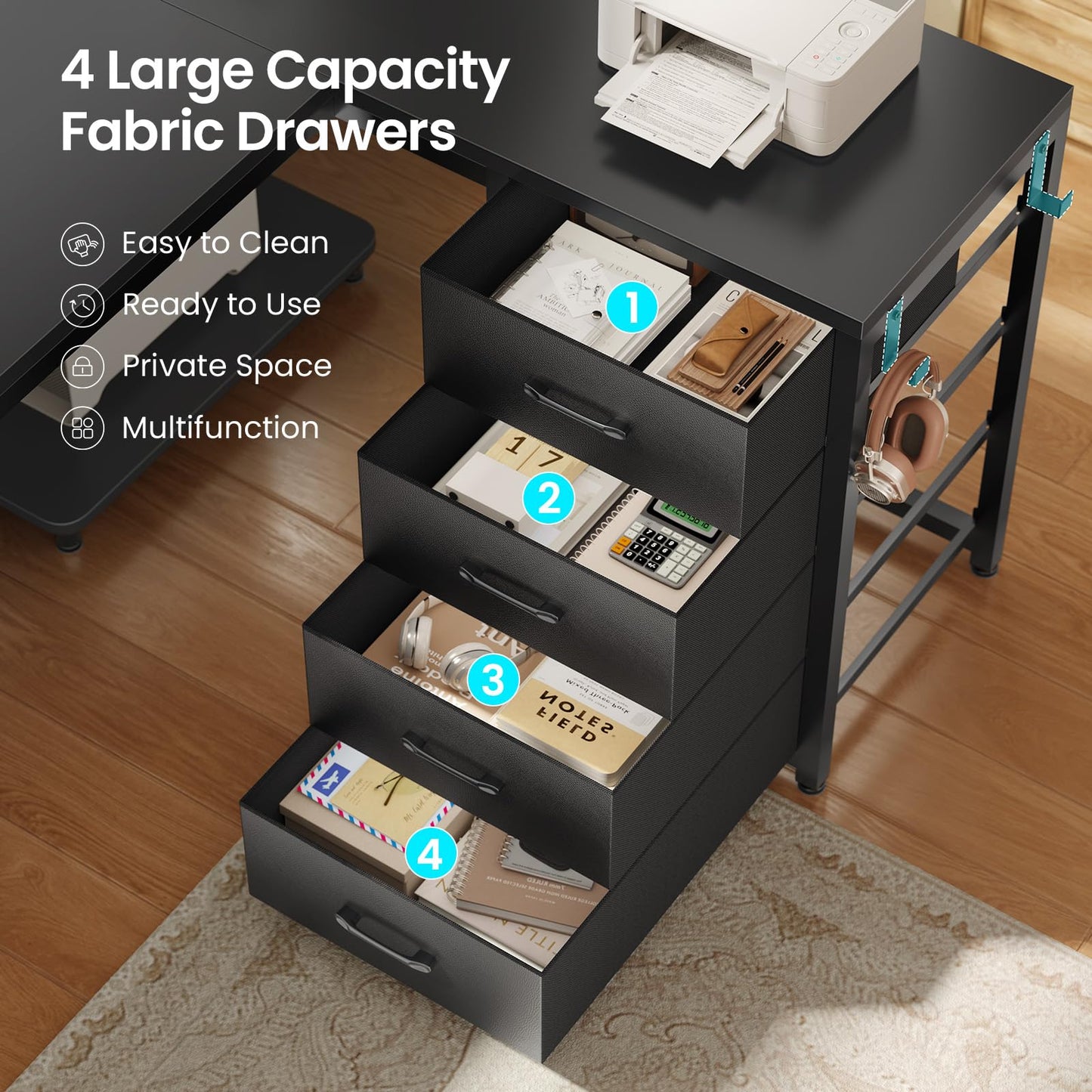 SEDETA 67" U Shaped Desk with 4 Fabric Drawers, Reversible Corner Computer Desk with Power Outlet & CPU Shelf, L Shaped Office Desk with Pegboard for Home Office, Black