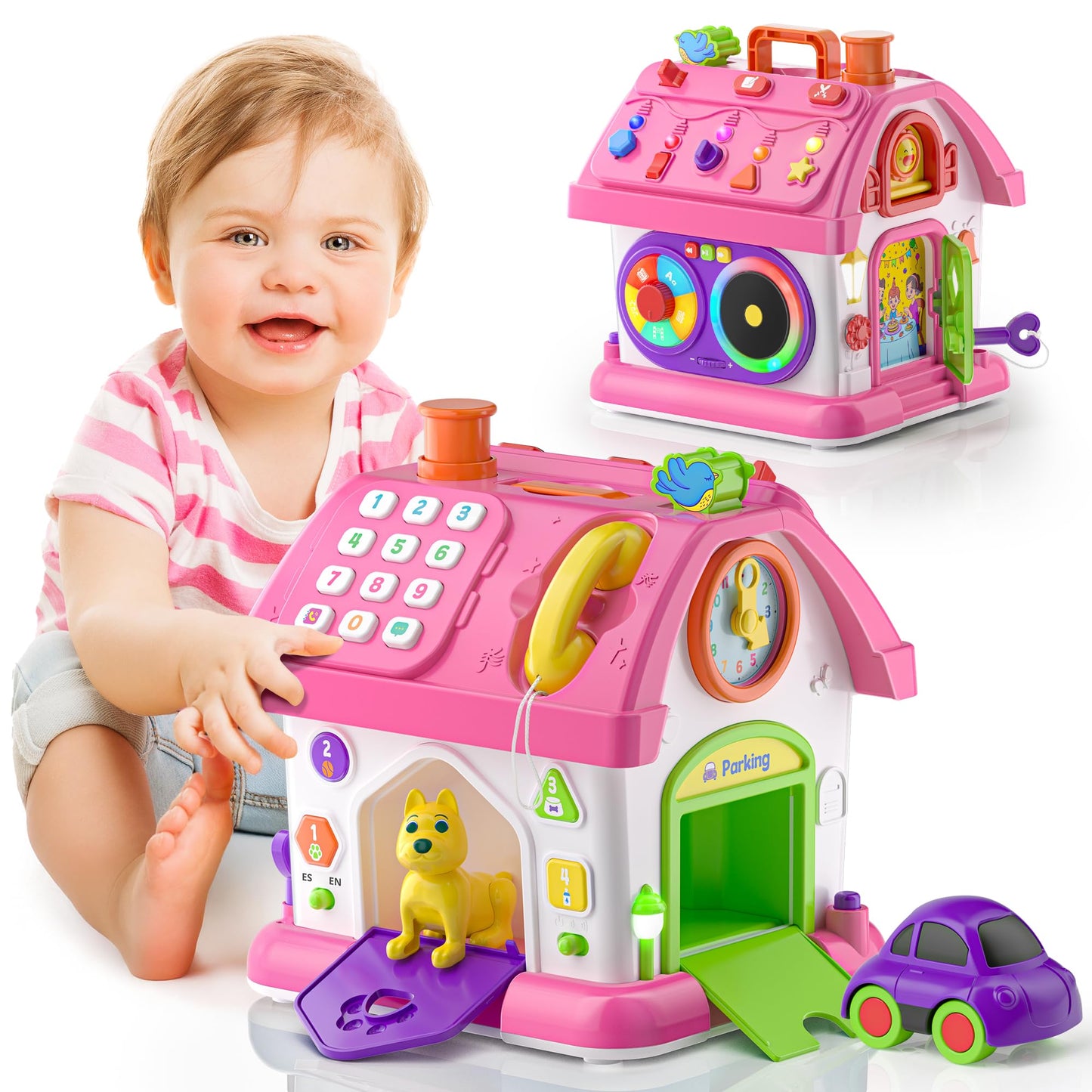 Talkfun Montessori Toy for 1 Year Old Girl Gifts, Musical Bilingual Educational Toddler Toy Age 1-2 Yr 12-18 Month, First Birthday Gift for 1 Year Old Girl (Pink)