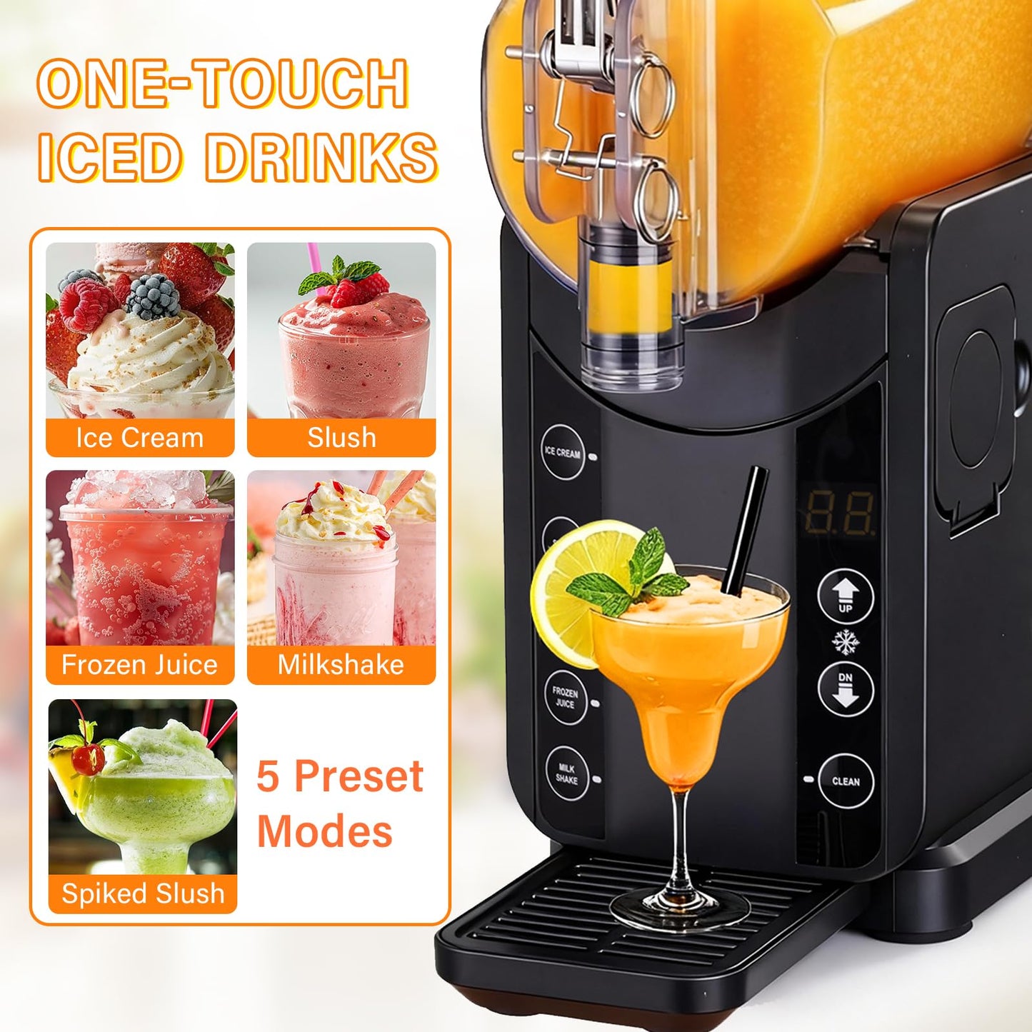 FNOONXY 2-in-1 smoothie/soft ice cream machine, 57oz Frozen Drink Maker, 5 Preset Modes, Auto-Cleaning, No Ice Needed, for Milkshakes, Margarita Slushies & Frozen Beverages