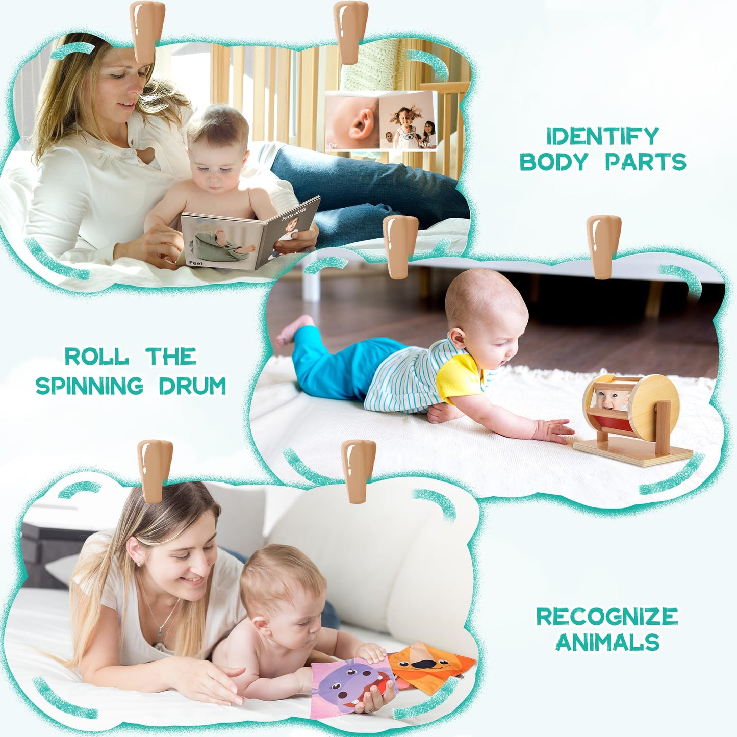 WOODMAM Montessori Toys for Babies 0-6 Months, 9 in 1 Learning Educational Sensory Toys for Newborn 0-3-6 Months, Includes High Contrast Cards, Baby Tissue Box Toy, Spinning Drum, Teether and More