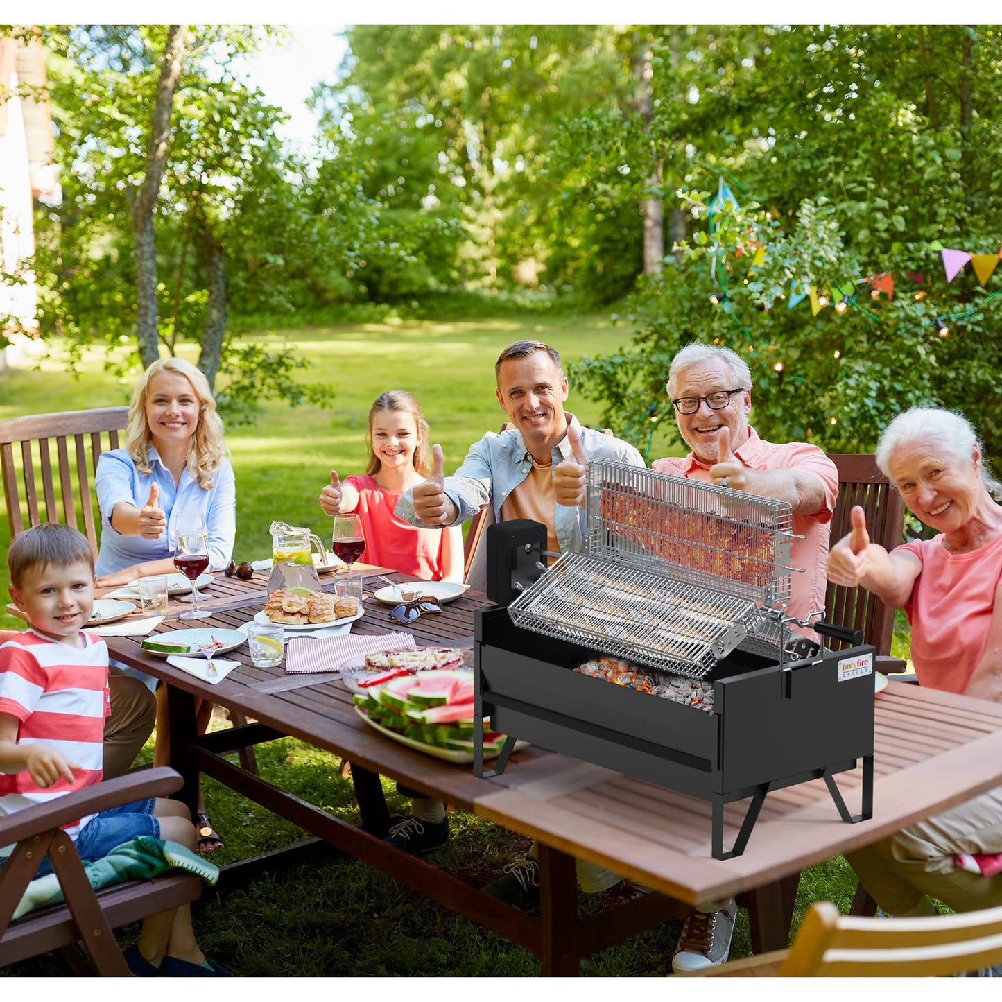 ONLYFIRE GRILLS 2 IN 1 Charcoal Grill Rotisserie Kit with 3 Stainless Steel Rotating Baskets and 24 In Grill Grate, Auto Swivel BBQ Roasting Machine for Outdoor Patio Backyard Barbecue, GS304