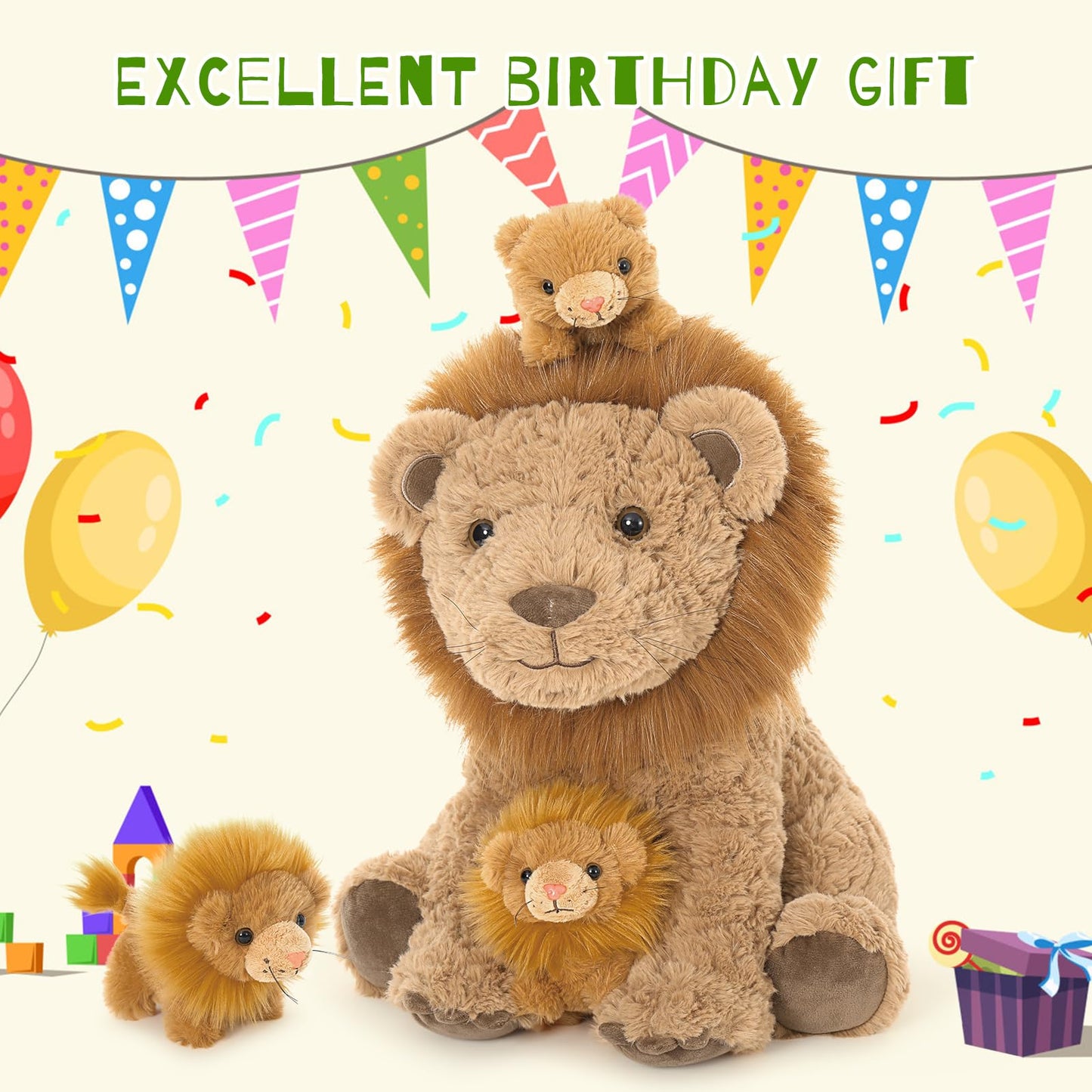 Karister Lion Plush Toy, 17.7" Mother Lion Stuffed Animal with 3 Cute Baby Lions, 4Pcs Wild Animal Stuffed Toy for Kids Boys Girls, Safari Animal Plushies Gift for Christmas Birthday, Brown