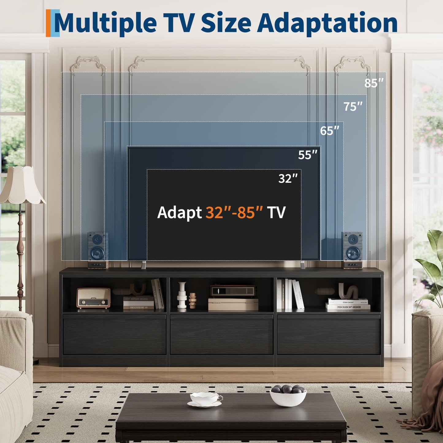 IDEALHOUSE 70 inch TV Stand for 80" TVs, Mid Century Modern Entertainment Center with Storage Drawer & Open Shelves, Wood Media Console Cabinet for Living Room/Bedroom, Black