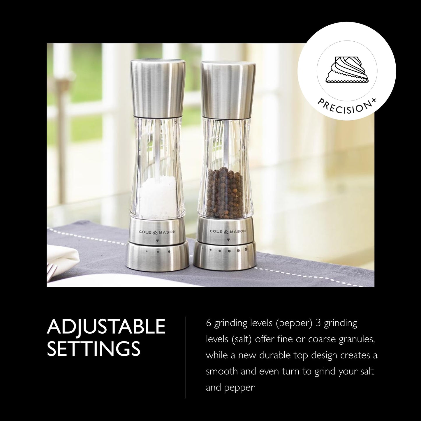 Cole & Mason Derwent Salt & Pepper Mill Grinder Set - Adjustable Grind Settings - Sea Salt & Black Peppercorn for Easy Refill - Stainless Steel