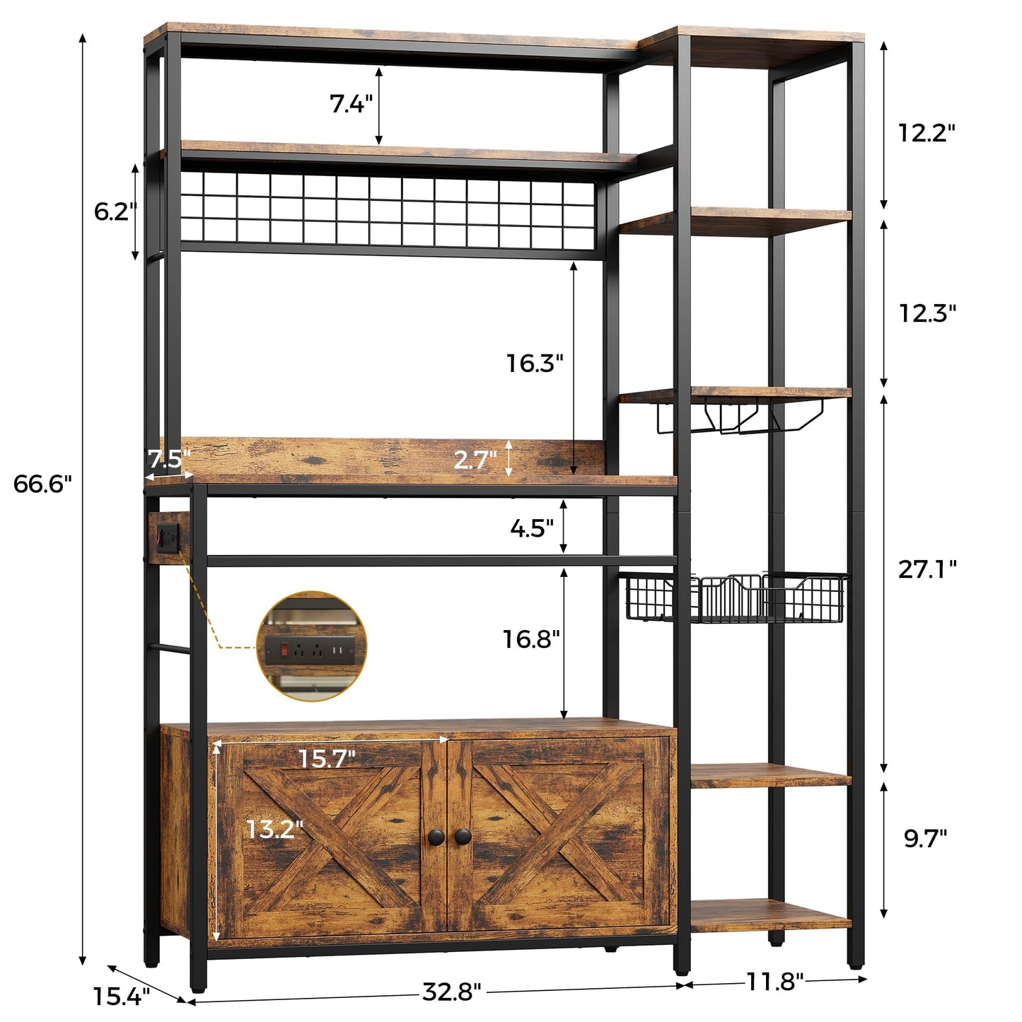 IRONCK Bakers Rack with Power Outlet, Kitchen Microwave Stand with Storage Cabinet, 47.24 Inch Coffee Bar Cabinet, Kitchen Racks with Shelves, LED Light, Globlet Holder and Wine Basket, Vintage Brown