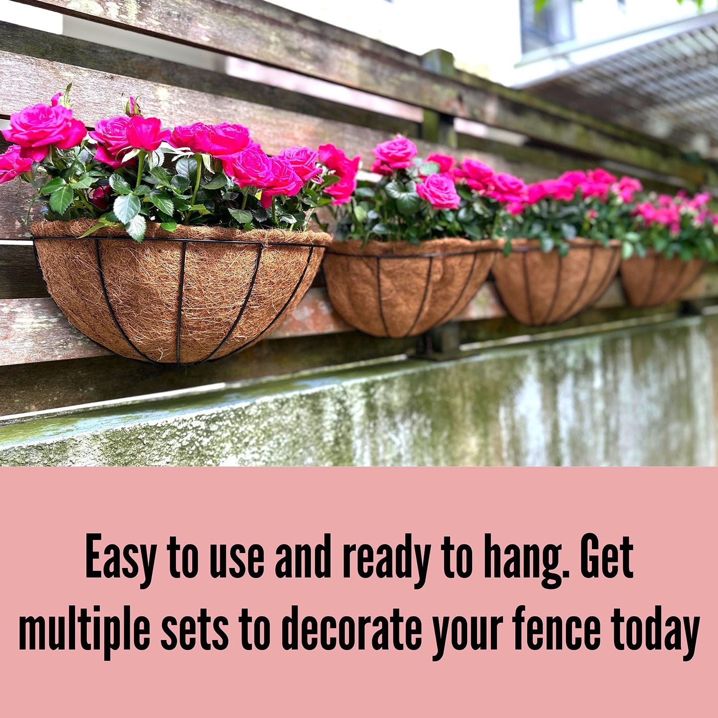 LaLaGreen Wall Planters for Outdoor Plants (2 Pack, 14 Inch) Large Hanging Planter with Coco Liner, Metal Round Wire Flower Basket Outside Fence Railing Plant Pots Holder Deck Porch Balcony Decor