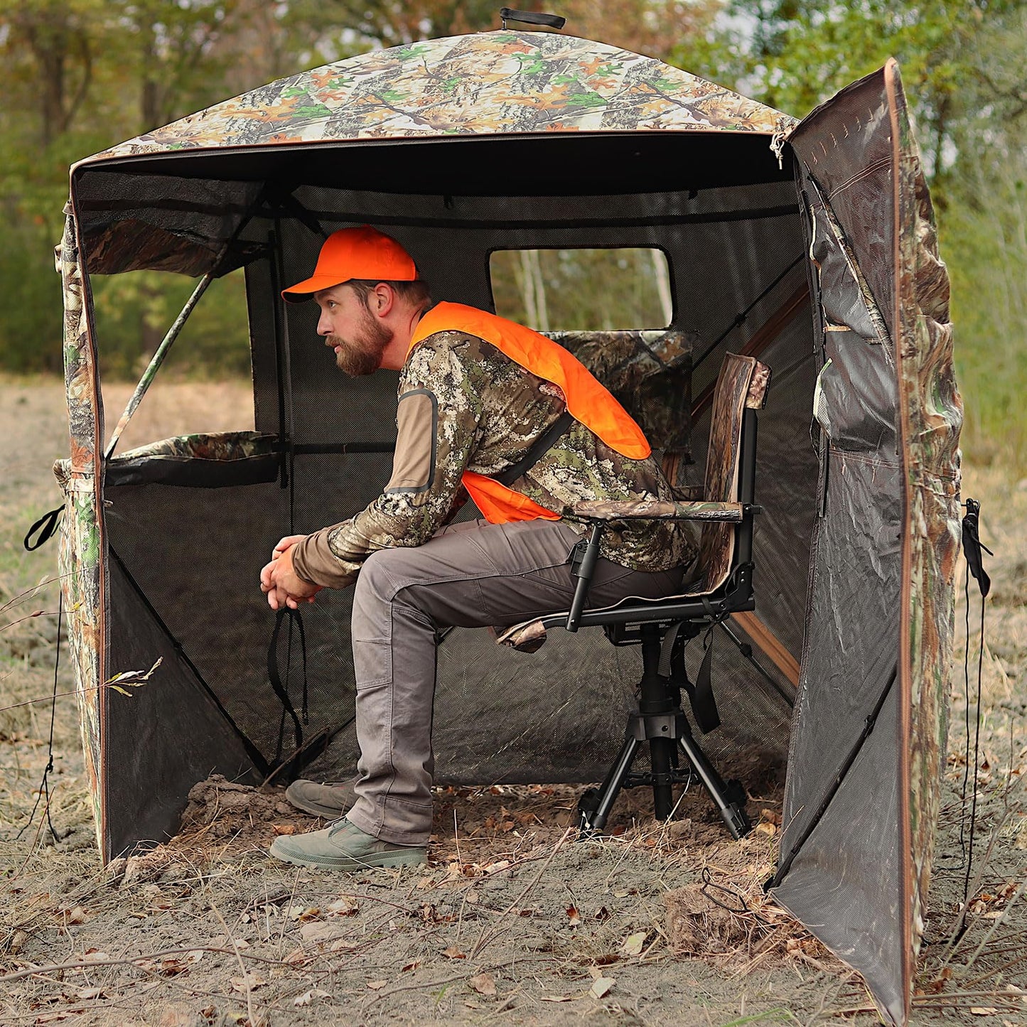 FUNHORUN Hunting Blind 360 Degree See Through Double Door Ground Blind for Hunting, 2/3 Person Pop Up Portable 58" Camouflage Deer/Turkey Tent with Blaze Orange Panels