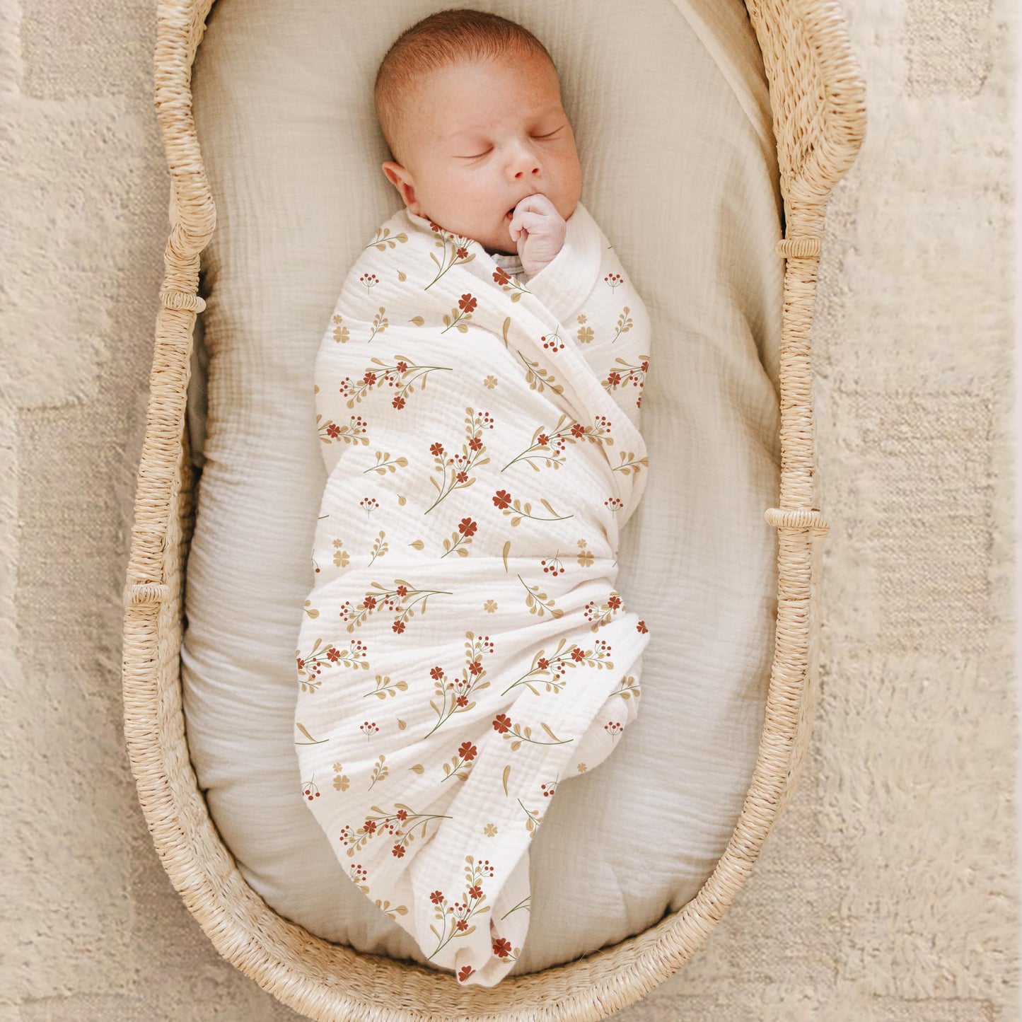 Konssy Muslin Swaddle Blankets for Girls Boys 2 Pack, 100% Cotton Receiving Baby Blanket Large 47 x 47 inches, Soft Breathable Swaddling Wrap for Unisex Newborn (Chestnut, Posy)