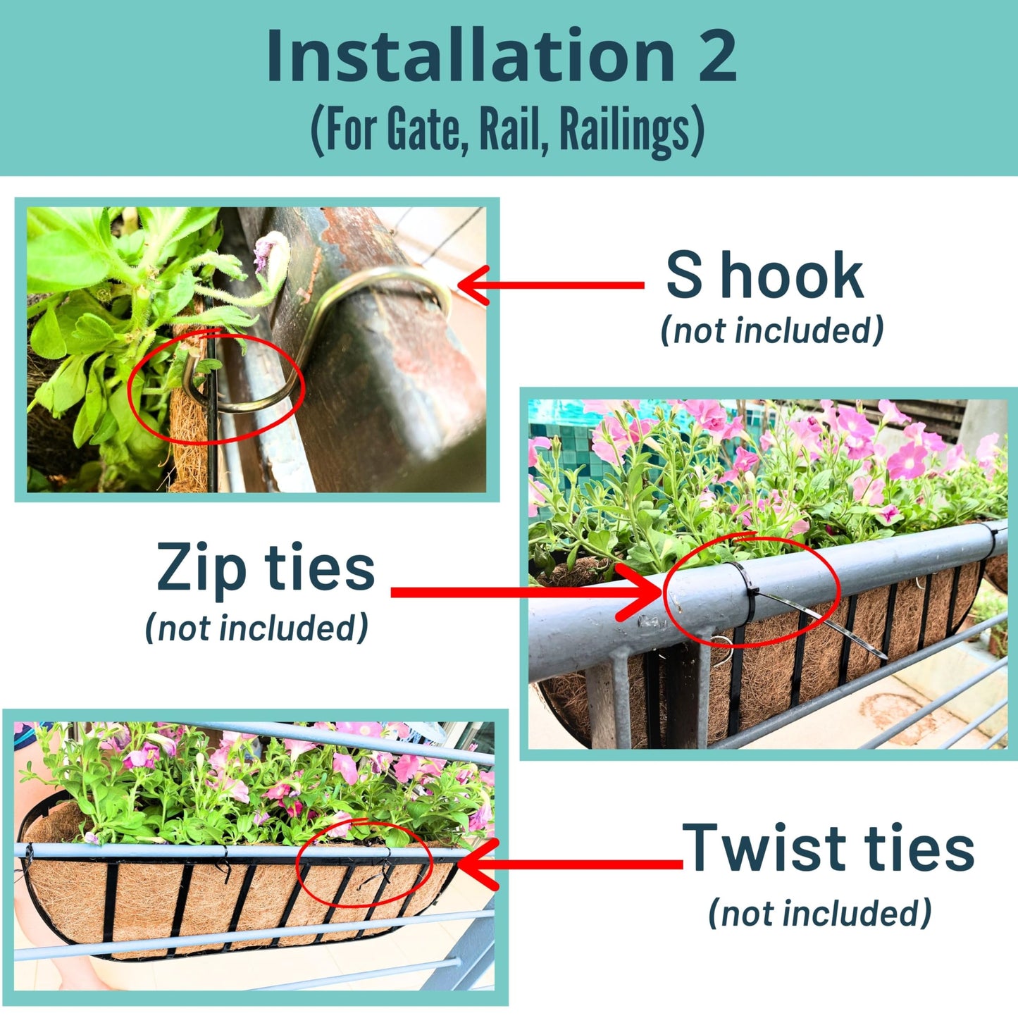 LaLaGreen Deck Railing Planter Box - 2 Pack, 36 Inch Large Wall Planters for Outdoor Plants, Window Flower Boxes Attach House with Coco Liners Metal Horse Troughs Fence Balcony Patio Porch Over Rail