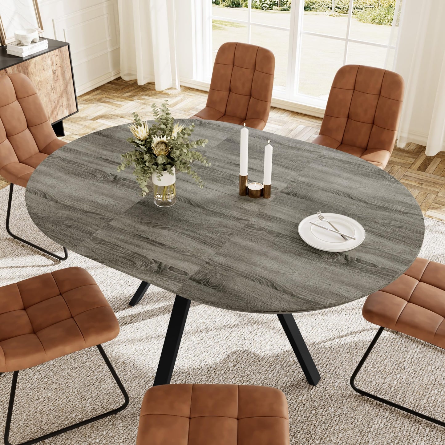 HIPIHOM Extendable Round Dining Table Set for 6 People, 43.3"-59.1" Extendable Kitchen Table with 6 Upholstered Chairs, Space Saving for Kitchen Dining Room (Grey Table+6 U-Shaped Brown Chairs)