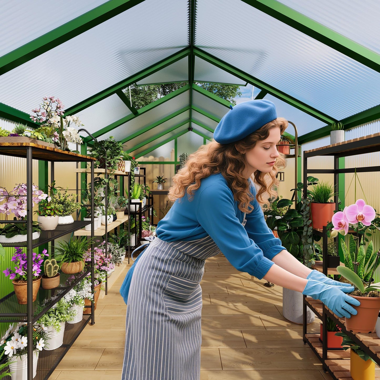 8 x 12 FT Greenhouse, Outdoor Sliding Door, Polycarbonate Greenhouse with Aluminum Frame, Lockable Door and Ajustable Roof Vent for Backyard, Outside Garden Backyard, Patio, Green