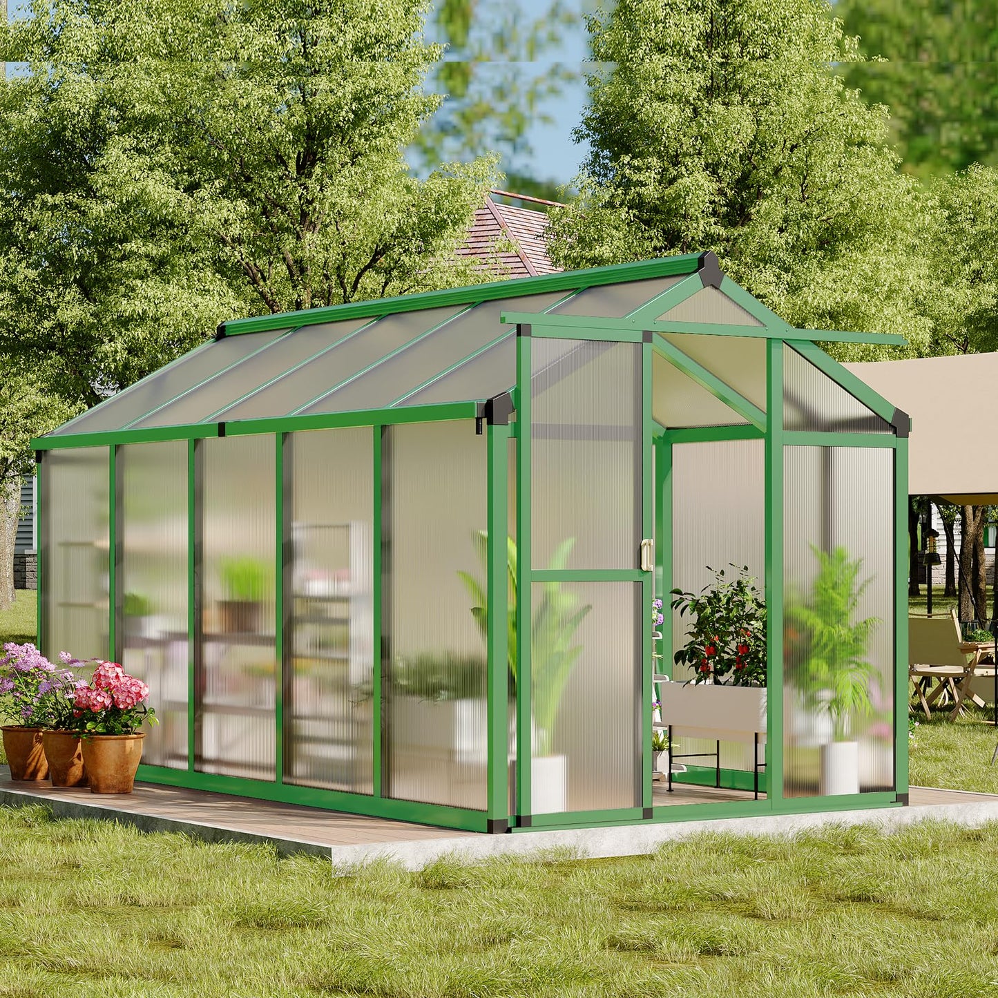 6X10 FT Greenhouse, Polycarbonate Garden Greenhouse for Outdoors,Aluminum Frame Green House with Lockable Door and Adjustable Roof Vent, Ideal for Backyard Patio and Outside Growing