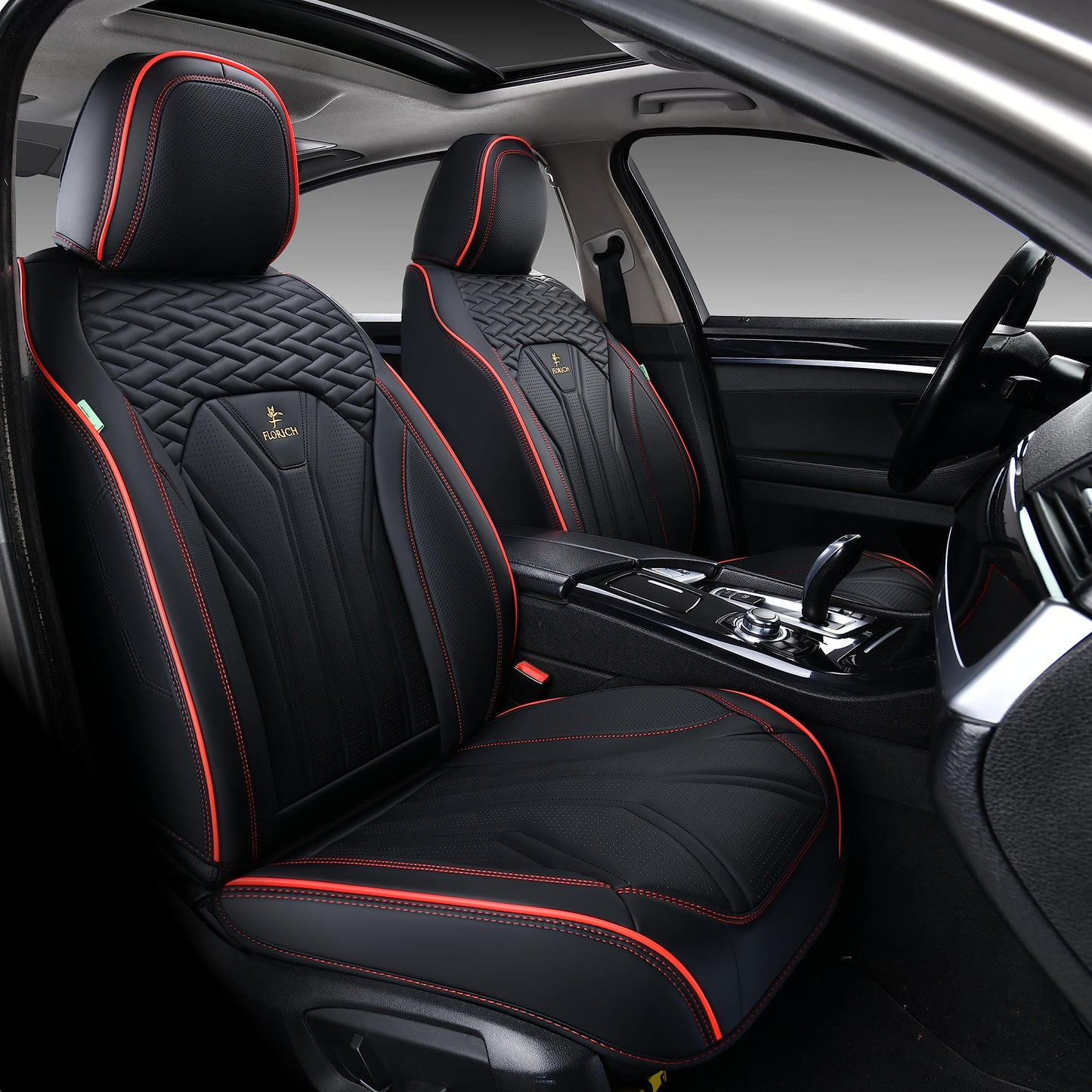FLORICH Leather Seat Covers, Seat Covers Full Set, Car Seat Protectors 5 Seats, Automotive Seat Covers Fit for Most Cars Trucks SUV-Black&Red Line