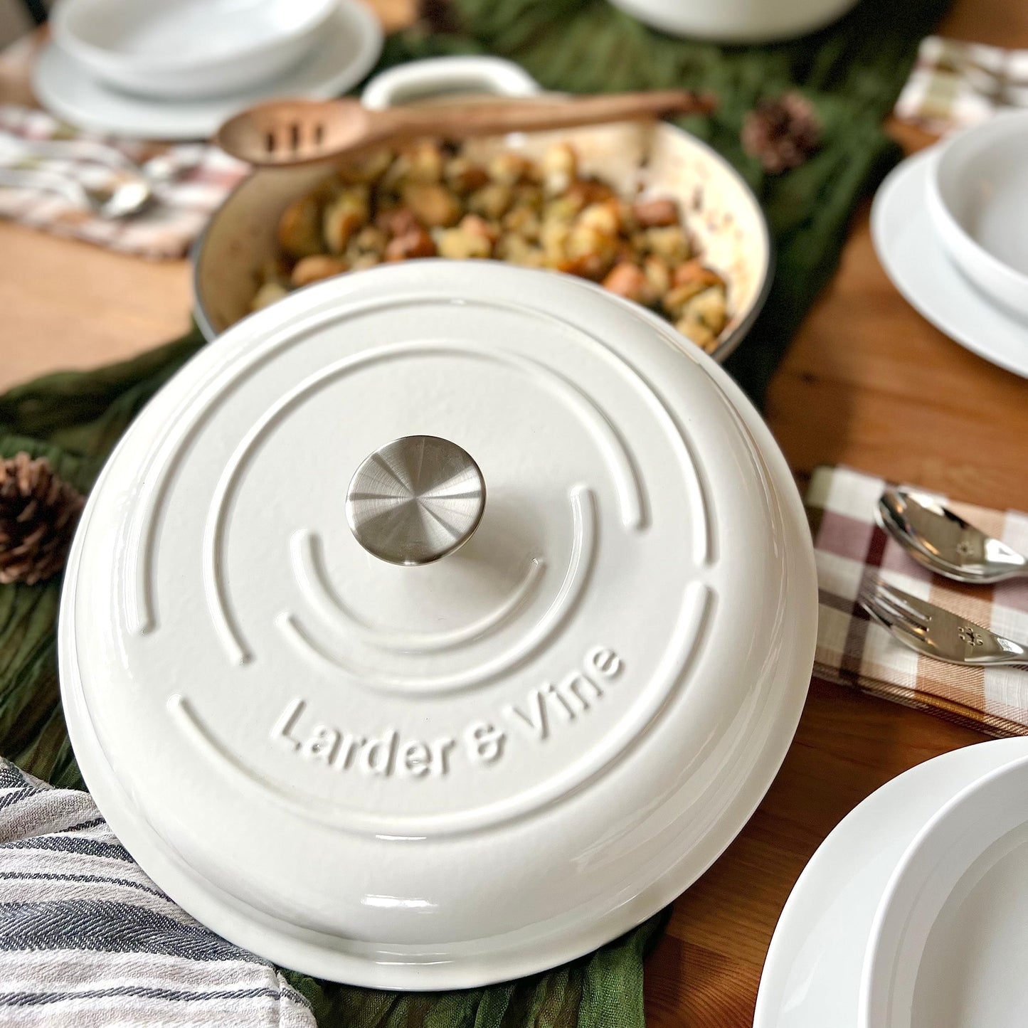 Larder & Vine 6-Piece Enameled Cast Iron Pan Cookware Sets, Includes 8 Quart and 5.7 Quart Dutch Oven with Lids, Braiser/Crock Pot with Lid (White)